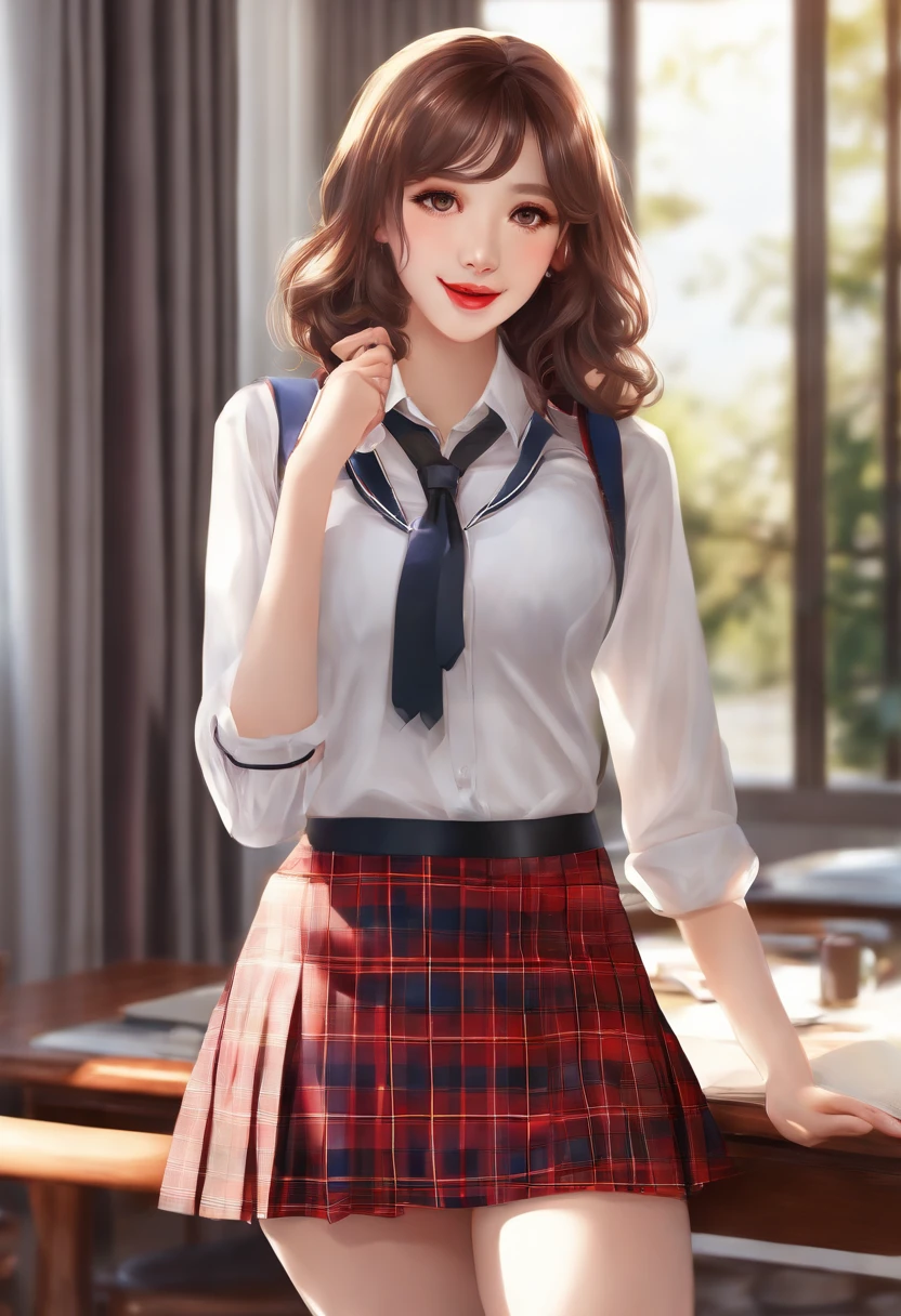 a girl, plump thighs, school uniform, short skirt, youthful appearance, beautiful eyes, red lipstick, joyful expression, confident posture, glossy hair, white blouse, plaid skirt
(bright colors), detailed rendering, high quality artwork, realistic style, natural lighting