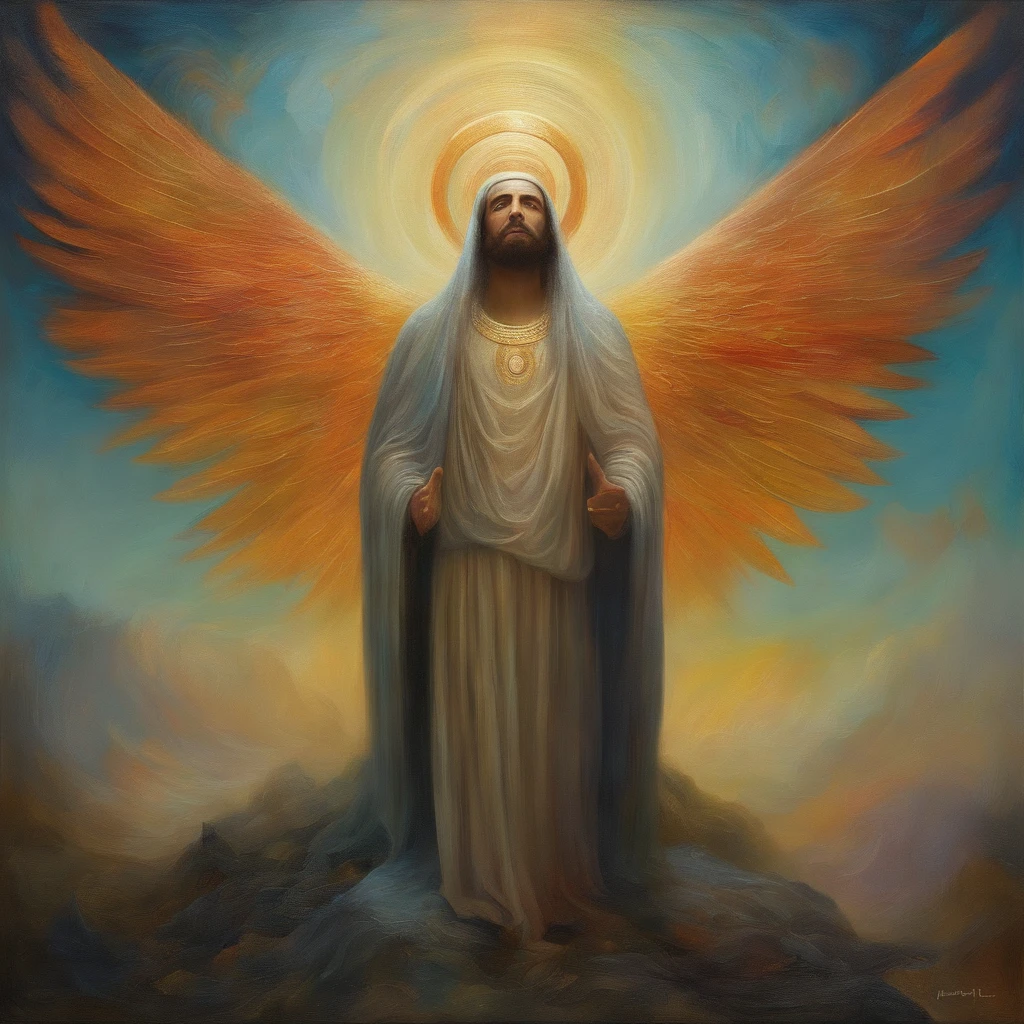 A painting of an anxious man with a halo and wings, Deus celestial, Portrait of a cosmic god, Um retrato impressionante de um Deus, Retrato de anjo, retrato de um belo anjo, Deus. detalhes extremamente altos, Artgerm Julie Bell Beeple, cosmic goddess, God of space and time, Beeple e Jeremias Ketner, Deus da luz, Luz Primordial