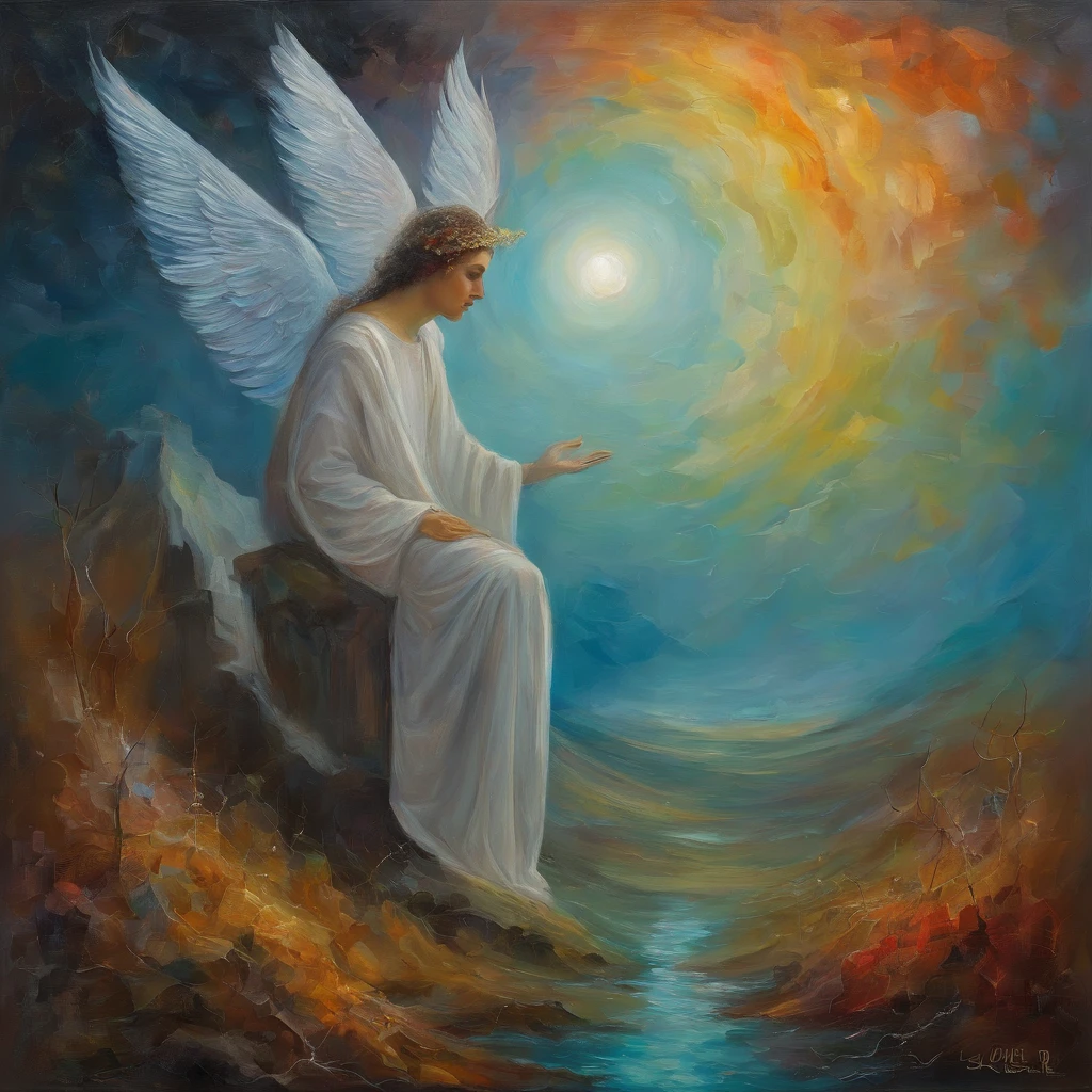 A painting of an anxious man with a halo and wings, Deus celestial, Portrait of a cosmic god, Um retrato impressionante de um Deus, Retrato de anjo, retrato de um belo anjo, Deus. detalhes extremamente altos, Artgerm Julie Bell Beeple, cosmic goddess, God of space and time, Beeple e Jeremias Ketner, Deus da luz, Luz Primordial