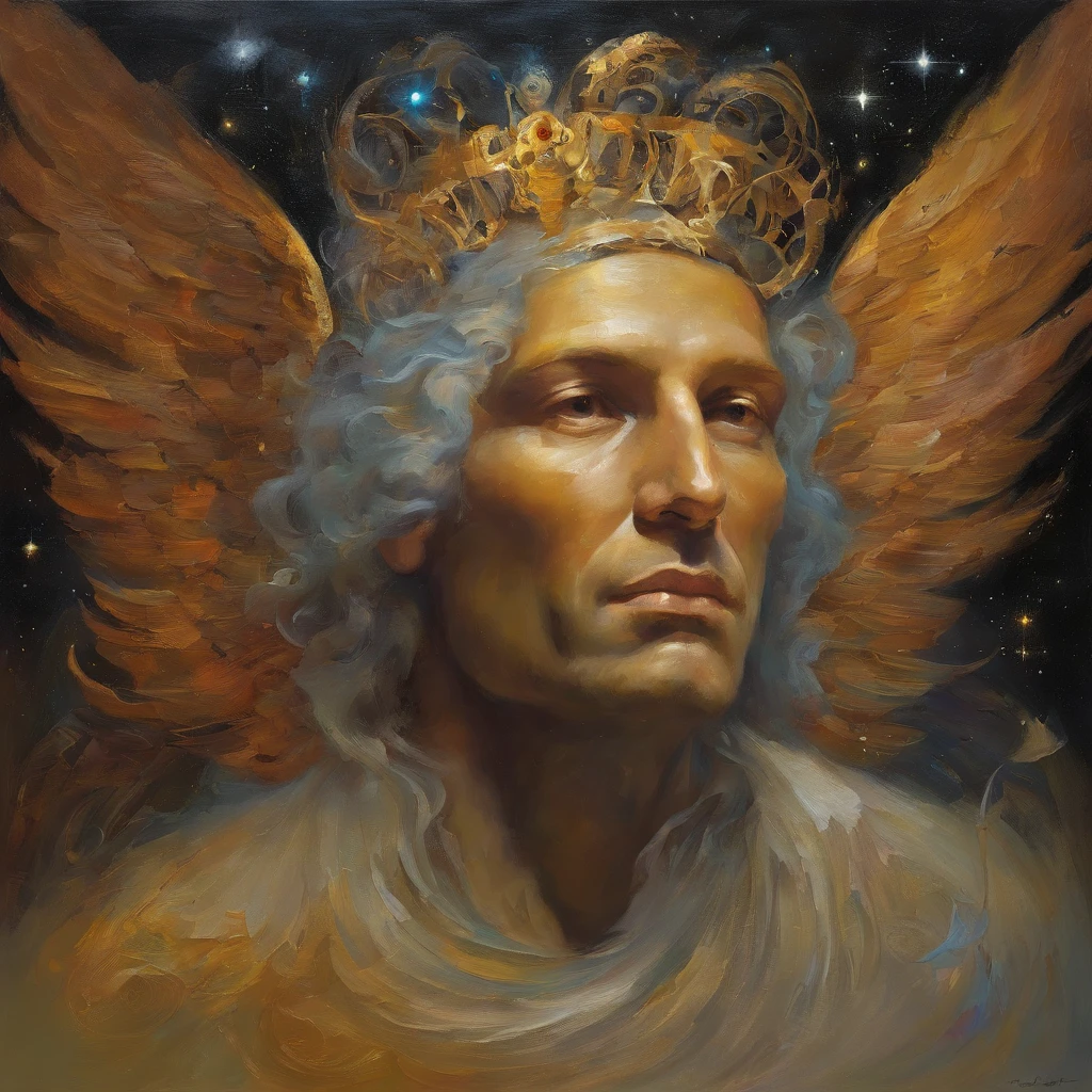 A painting of an anxious man with a halo and wings, Deus celestial, Portrait of a cosmic god, Um retrato impressionante de um Deus, Retrato de anjo, retrato de um belo anjo, Deus. detalhes extremamente altos, Artgerm Julie Bell Beeple, cosmic goddess, God of space and time, Beeple e Jeremias Ketner, Deus da luz, Luz Primordial