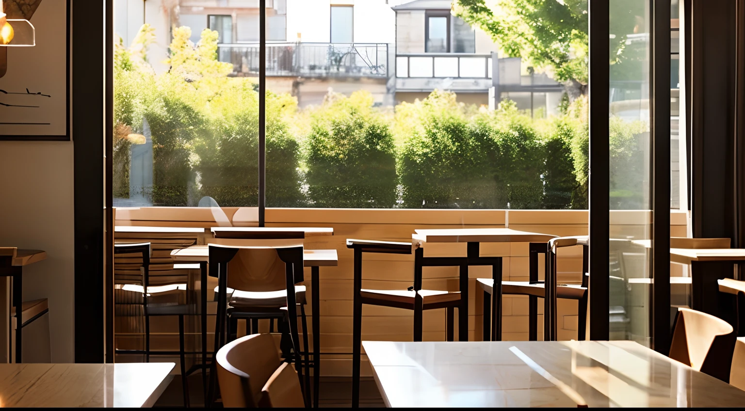 Generate images that reproduce the interior of a stylish café。Draw an impressive café interior with soothing lighting and modern furnishings。Delicious-looking coffee cups and pastries on the table、Soft sunlight is shining through the window.。