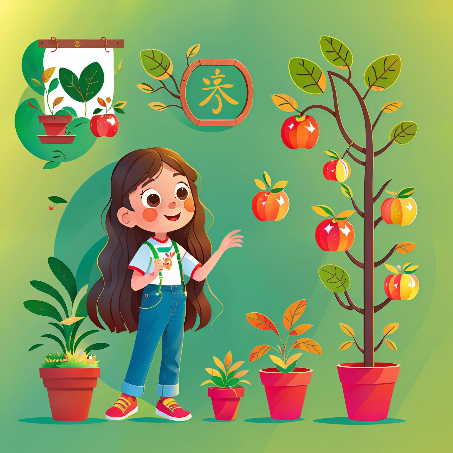 Long-haired girl,plant,potted,apple tree,apple,O logo,vectorial,Line art,designs,Inspiration,straight line,对称