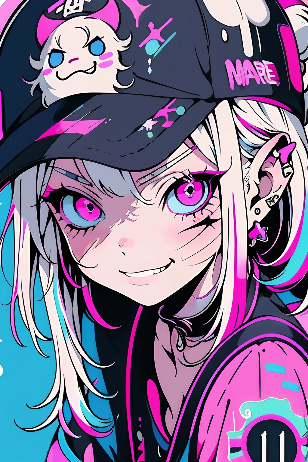 anime girl with a cap, white hair, street background in neon pink and blue colors, scars, stickers, smirk face