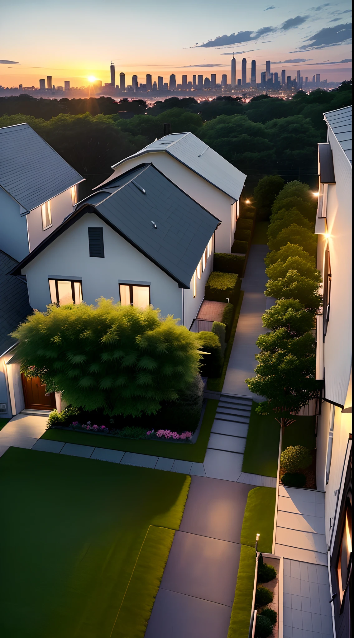 an image depicts a beautiful, well-maintained home situated on a lush green lawn with a picturesque view of the city skyline in the background. The house has a white exterior with a black roof and a large porch. The sun is setting in the distance, casting a warm glow over the scene.