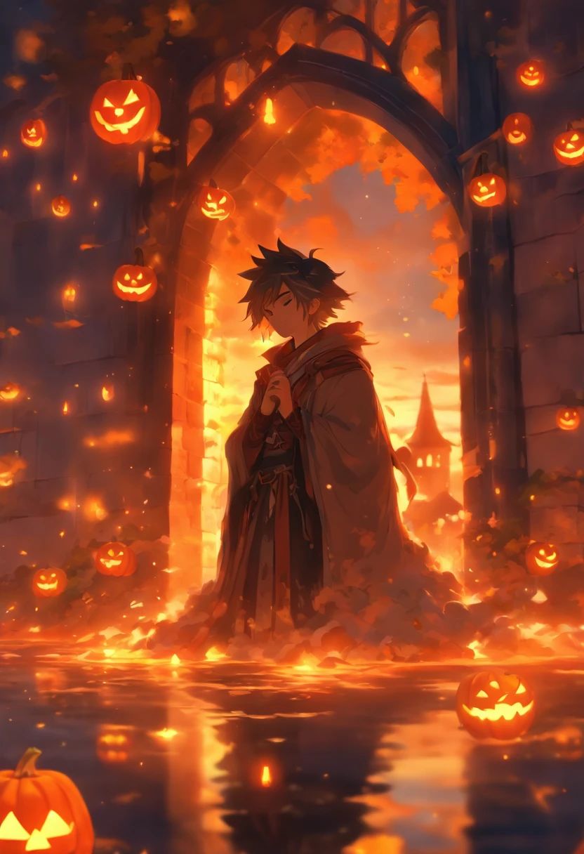 Halloween Floating Lights, Cinematic light and reflection, glowing lights, Intermediate metaverse elements,Digital Painting, Glowing reflections, pondering, Halloween Jack-o'-lantern, calm night, Digital Illustration, Beautiful atmosphere, Skylight at night, Calm evening atmosphere, Jack-o'-lantern, Halloween, the night, themoon, The game scene, Halloween, Surrounded by clouds, Buildings in medieval Europe, glazed tiles, ue, gorgeous colors, There are three arches in the foreground((color ink)), ( (Splash ink ) ), ((Splash ink) inky})), tmasterpiece, high quarity, Beautiful graphics, high detal,Magnificent