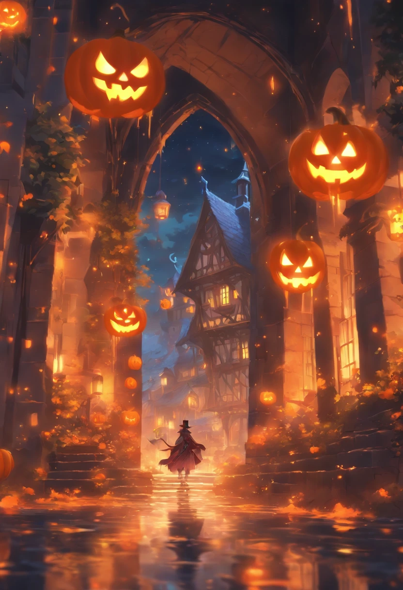 Halloween Floating Lights, Cinematic light and reflection, glowing lights, Intermediate metaverse elements，Digital Painting, Glowing reflections, pondering, Halloween Jack-o'-lantern, calm night, Digital Illustration, Beautiful atmosphere, Skylight at night, Calm evening atmosphere, Jack-o'-lantern, Halloween, the night, themoon, The game scene, Halloween, Surrounded by clouds, Buildings in medieval Europe, glazed tiles, ue, gorgeous colors, There are three arches in the foreground((color ink)), ( (Splash ink ) ), ((Splash ink) inky})), tmasterpiece, high quarity, Beautiful graphics, high detal,Magnificent