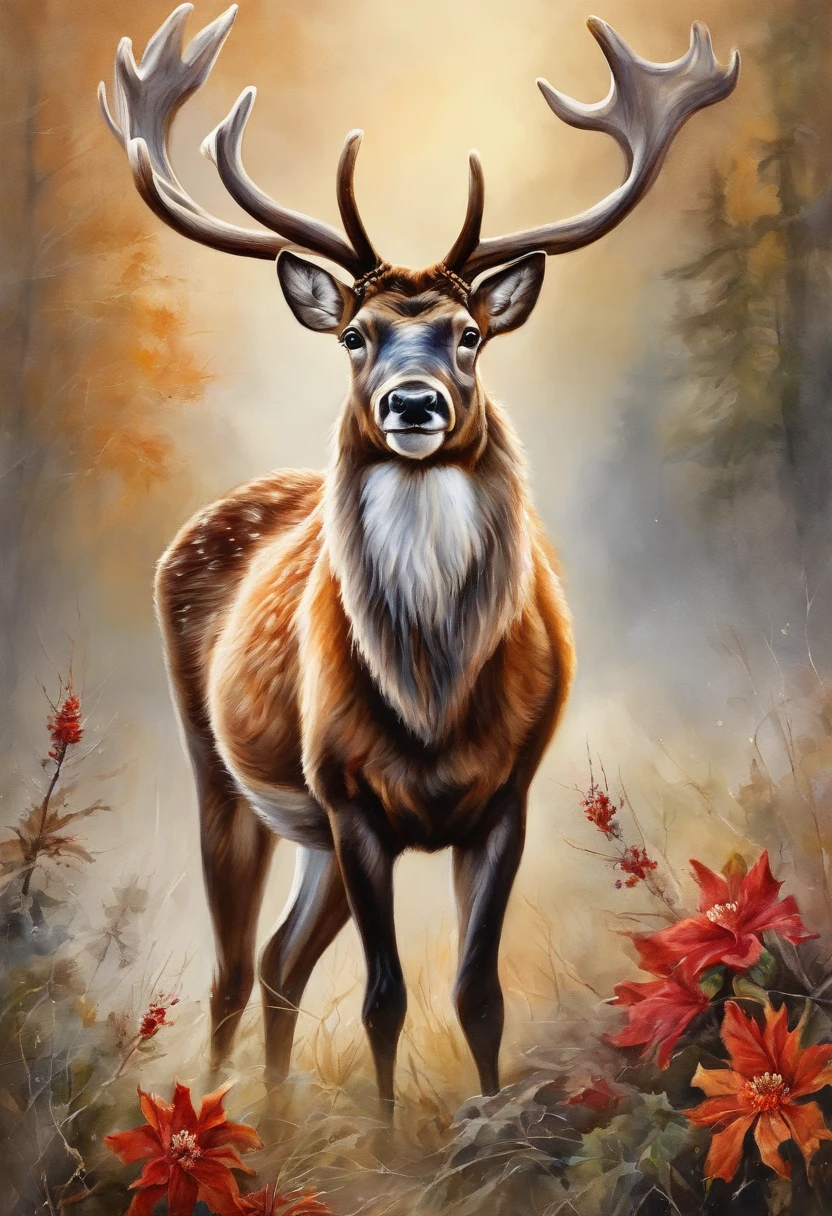 (reindeer),Oil painting,Beautiful natural landscape,Detailed fur,Brown eyes and antlers. (Best quality,A high resolution,Vivid colors)(Realistic:1.37)(sportrait)The background is all flowers