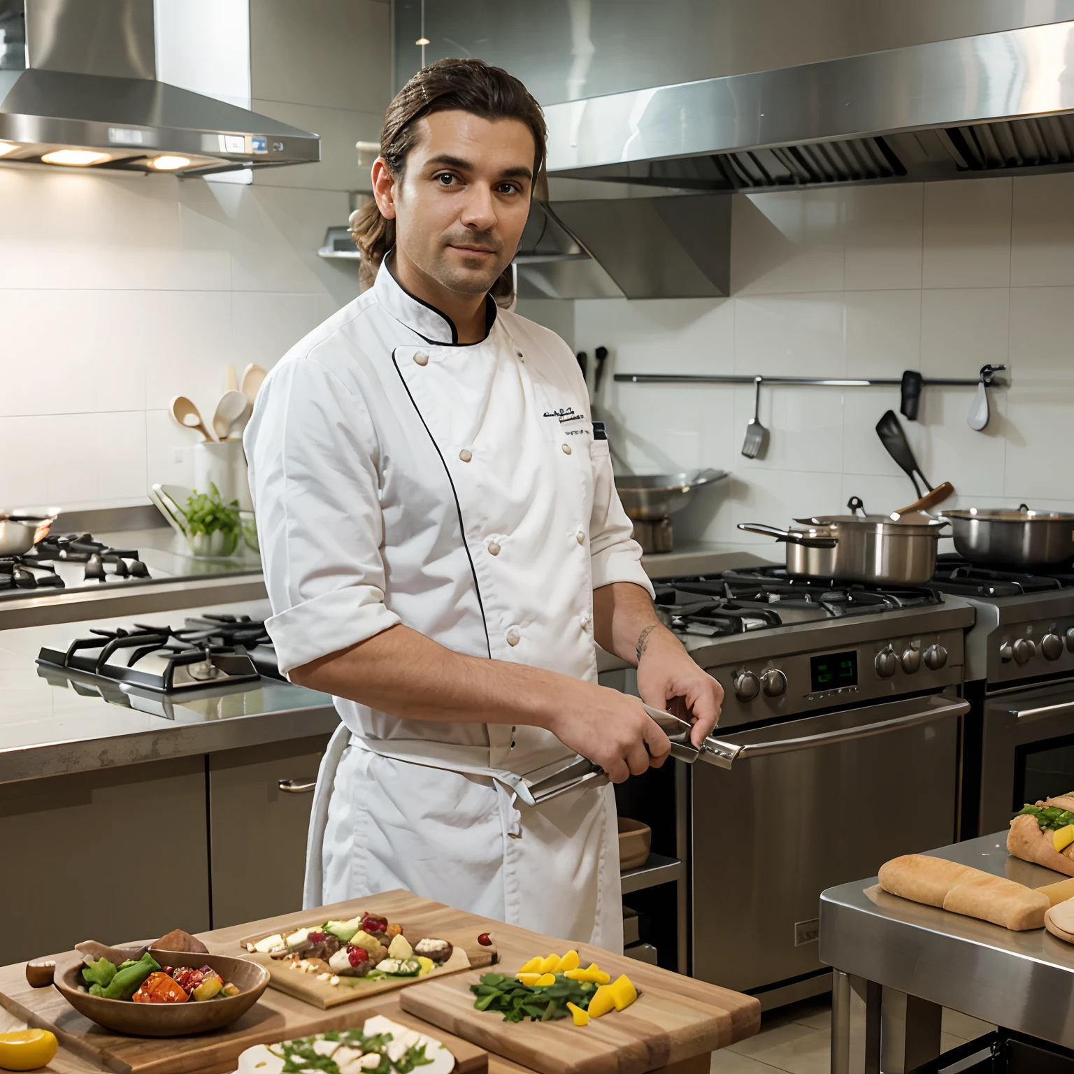 In a very large kitchen where several chefs work in French catering, a chef in his forties in a white kitchen suit standing straight ahead looking at the viewer of the image presents with these 2 arms a dish that represents the essence of cuisine from all over the world. The chef has to parbe in the middle of the kitchen so a certain chef has to cook with pans on the left side of the French chef front and behind other employees work cutting vegetables left and right.