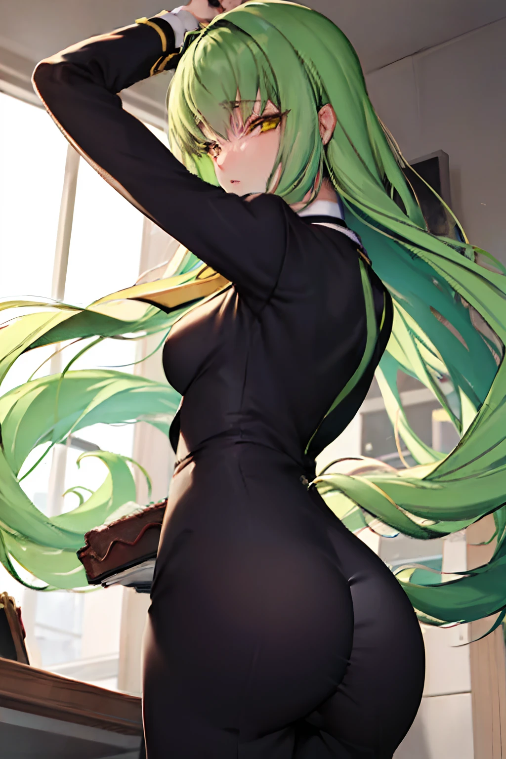masterpiece, best quality, ultra-detailed, solo, shirt, long_sleeves, white_shirt, collared_shirt, pants, black_pants, formal, suit, arm_behind_back, shirt_tucked_in, office_lady, business_suit, high-waist_pants, volumetric lighting, best quality, masterpiece, intricate details, sharp focus, hyper detailed,, c.c., yellow_eyes, green hair, black necktie, black chocker, butt to camera