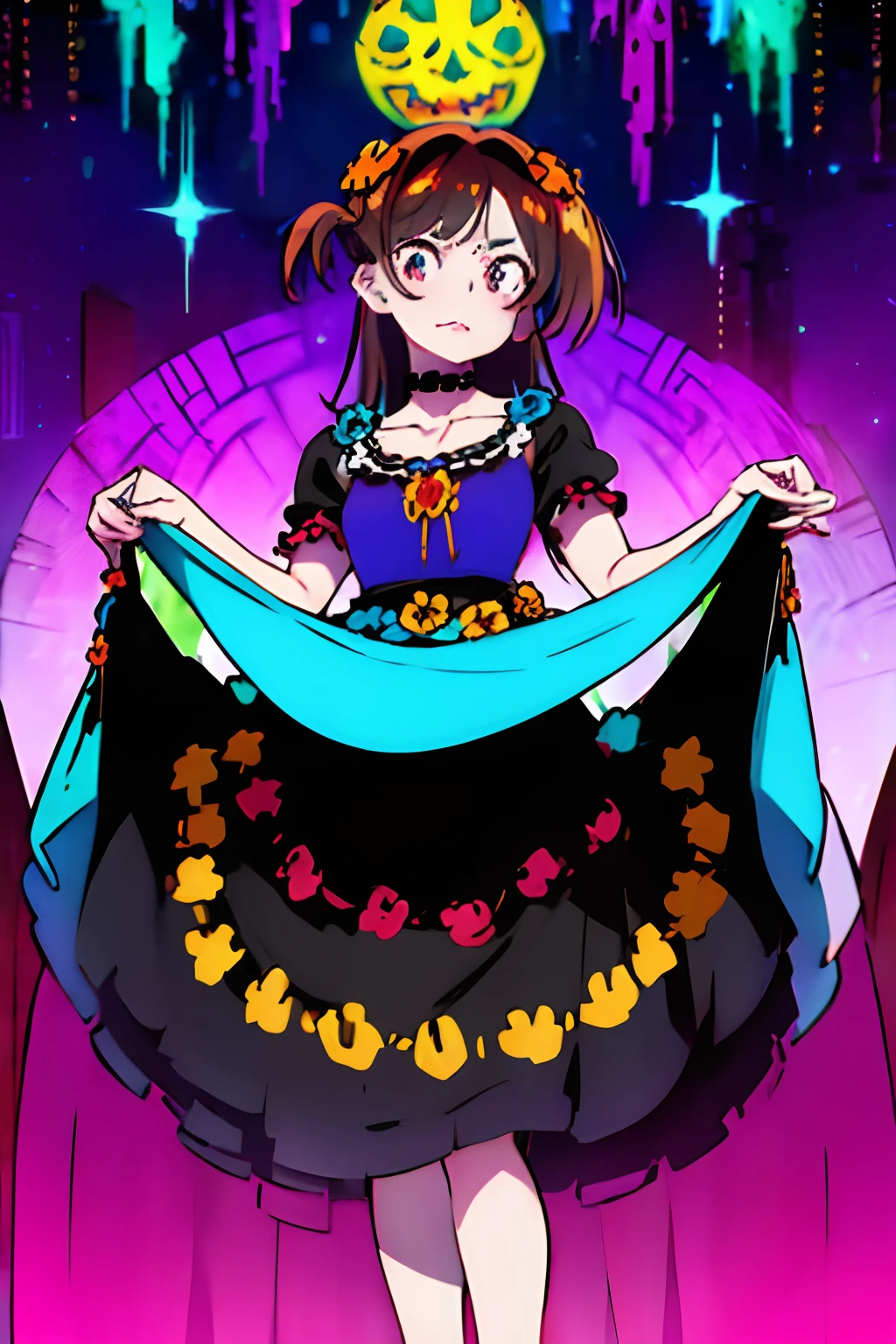 Mujer arafed con un vestido negro con flores de colores, Folclore mexicanoo, gala, lady with glowing flowers dress, Ella es mexicanoa, Hermosa mujer mexicanoa, folkloric, mexicano, ( ( dia de los muertos ) ), Day of the Dead dress and makeup, Hermoso disfraz, la catrina, (dia de los muertos)