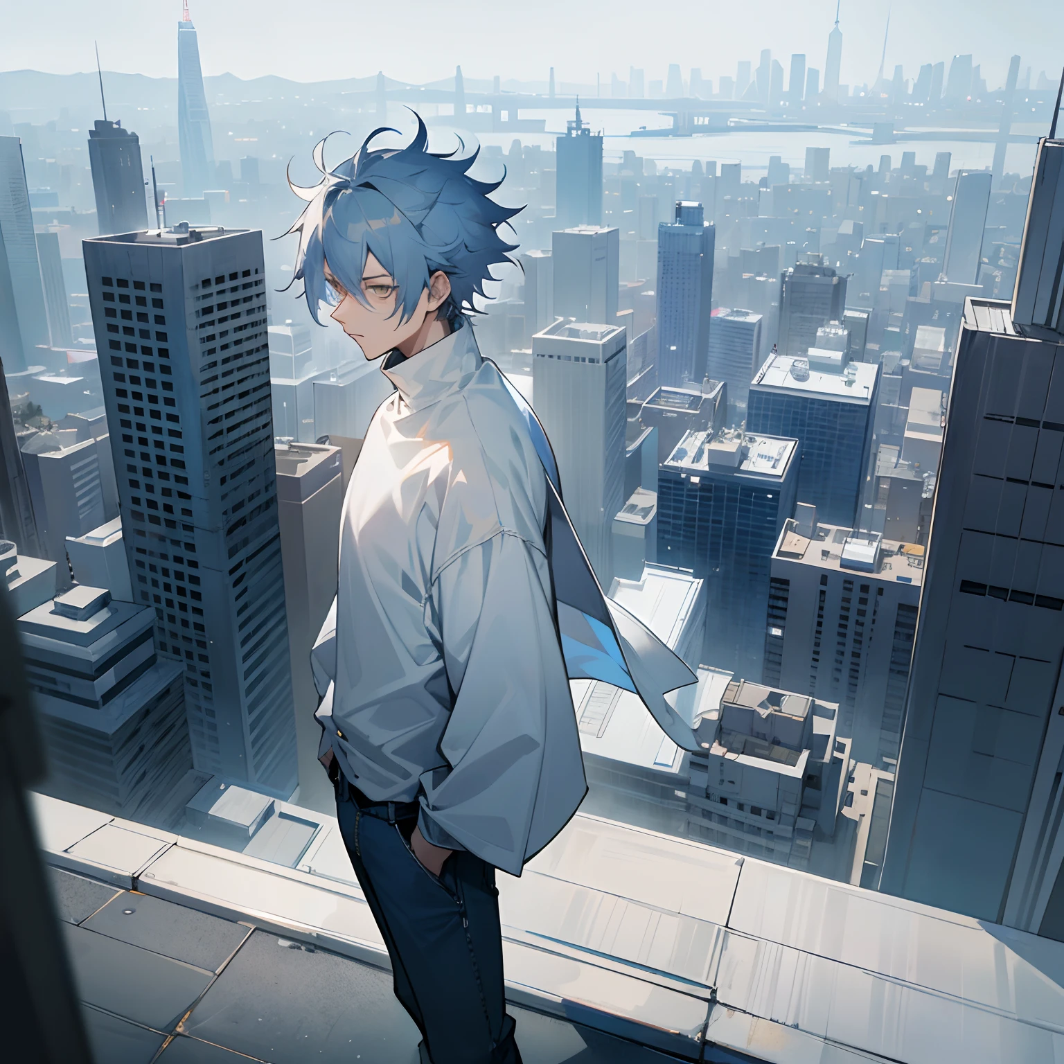 Greyish Blue hair , medium length hair , wolf cut hair, white modern turtleneck and blue jeans , Jujutsu Kaisen , Gold eyes , city setting, standing, 1male , spiky hair , messy hair , white clothing , lean build