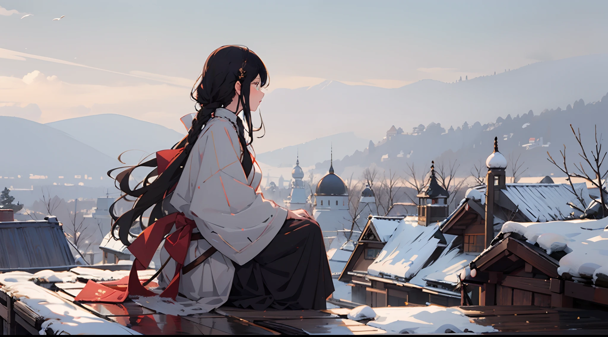 1girll, 独奏, yuki, long whitr hair,black cloaths,From the side Side,In the town,Sit on the roof。