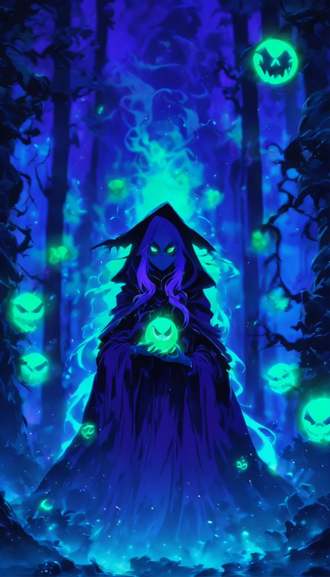 Tags: poisonous evil witch, terrible glowing purple spells, neon green, purple, dark atmosphere, spooky, eerie, sinister, magical, glowing eyes, long crooked nose, flowing black robes, enchanted forest, misty, haunting, foggy, creepy creatures, bats, spiders, eerie moonlight, twisted trees, ominous shadows, witch's cauldron, bubbling potion. (best quality, 4k, highres), ultra-detailed, realistic, portraits, dark fantasy, vivid colors, moody lighting.