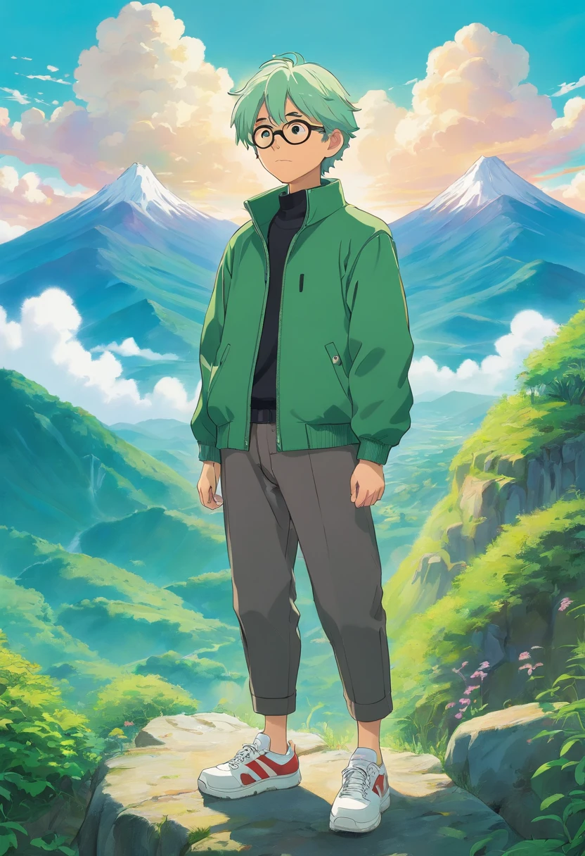 The man is standing coolly, he is wearing a green jacket, he is wearing black trousers, he is wearing white sneakers, he has short green hair, he has green eyes, he is wearing sunglasses, he is in the mountains, the sun behind the bright mountains, beautiful sky and clouds, very peaceful atmosphere, extremely detailed