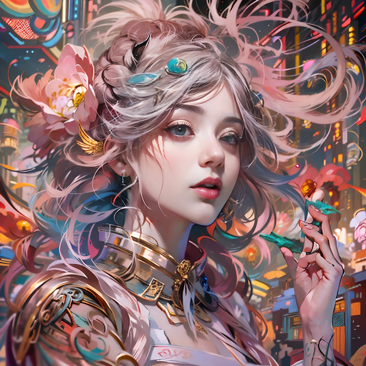 offcial art，Unified 8K wallpapers，ultra - detailed，Beauty and aesthetics，tmasterpiece，best qualtiy，（zentangle，datura，Tangles，entangled），（s fractal art：1.3），1girll，The is very detailed，dynamic angle，cow boy shot，The most beautiful form of chaos，elegant，Fauvist design，vivd colour，romanticism lain，James Jean，Robbie Devi Antono，ross tran，Francis Bacon，Michal Mraz，adrian ghenie，petra cortright，Gerhard Richter，Takato Yamamoto，Ashley Wood，Atmospheric，A note of ecstasy，streaming musical notes visible，no clothes are worn，Bouguereau，John William Goldward