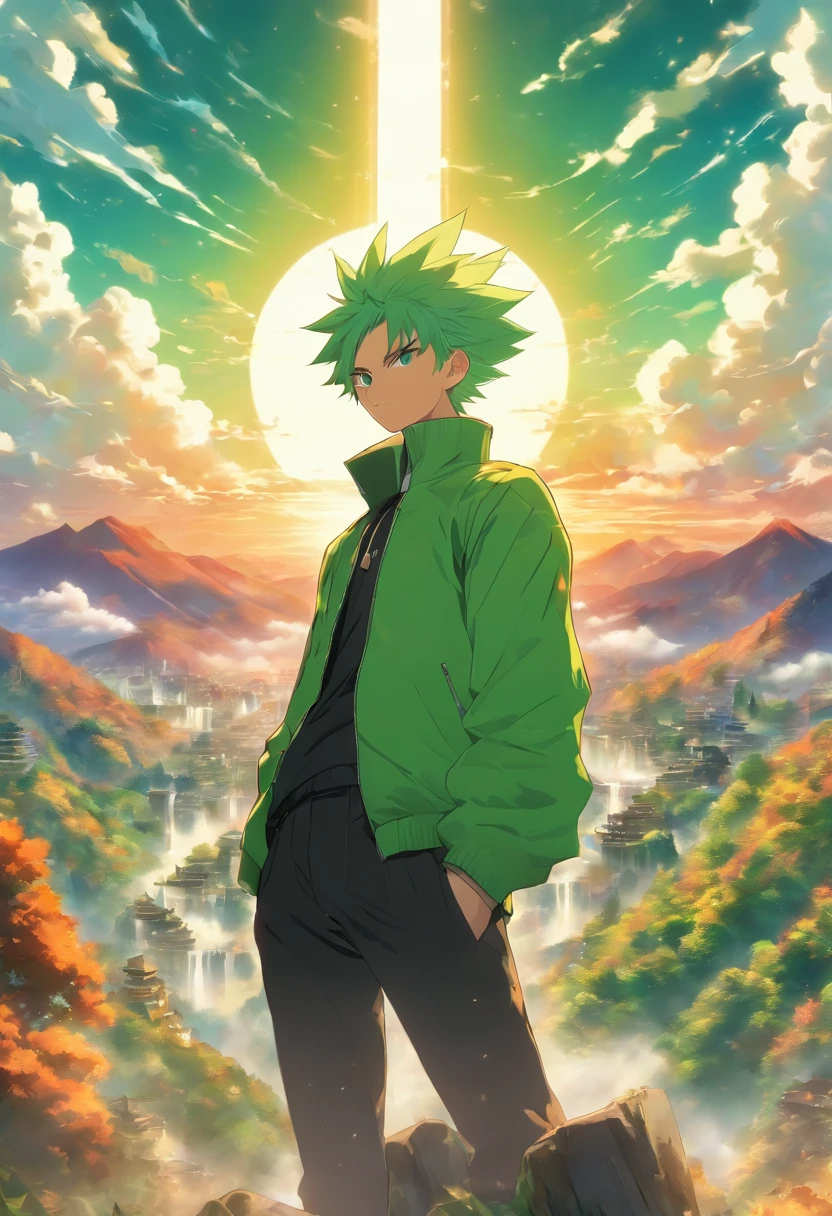 The man is standing coolly, he is wearing a green jacket, he is wearing black trousers, he is wearing white sneakers, he has short green hair, he has green eyes, he is wearing sunglasses, he is in the mountains, the sun behind the bright mountains, beautiful sky and clouds, very peaceful atmosphere, extremely detailed