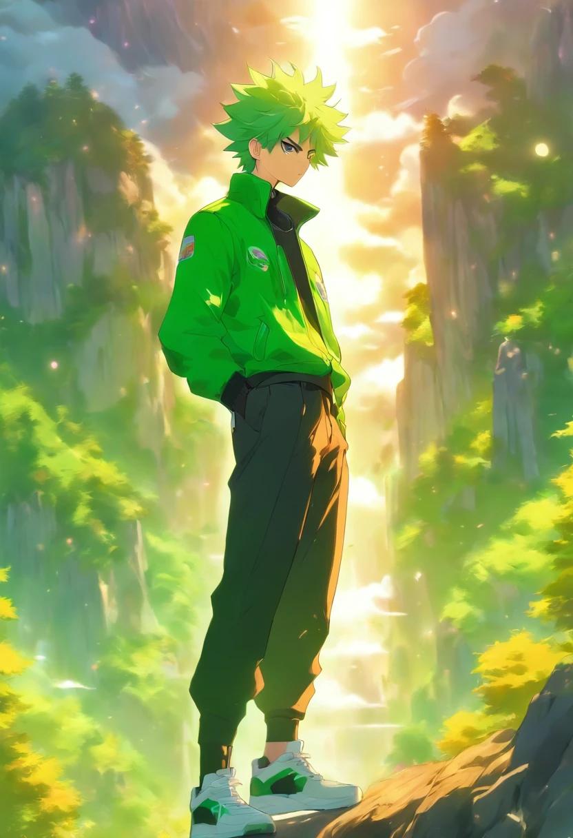 The man is standing coolly, he is wearing a green jacket, he is wearing black trousers, he is wearing white sneakers, he has short green hair, he has green eyes, he is wearing sunglasses, he is in the mountains, the sun behind the bright mountains, beautiful sky and clouds, very peaceful atmosphere, extremely detailed