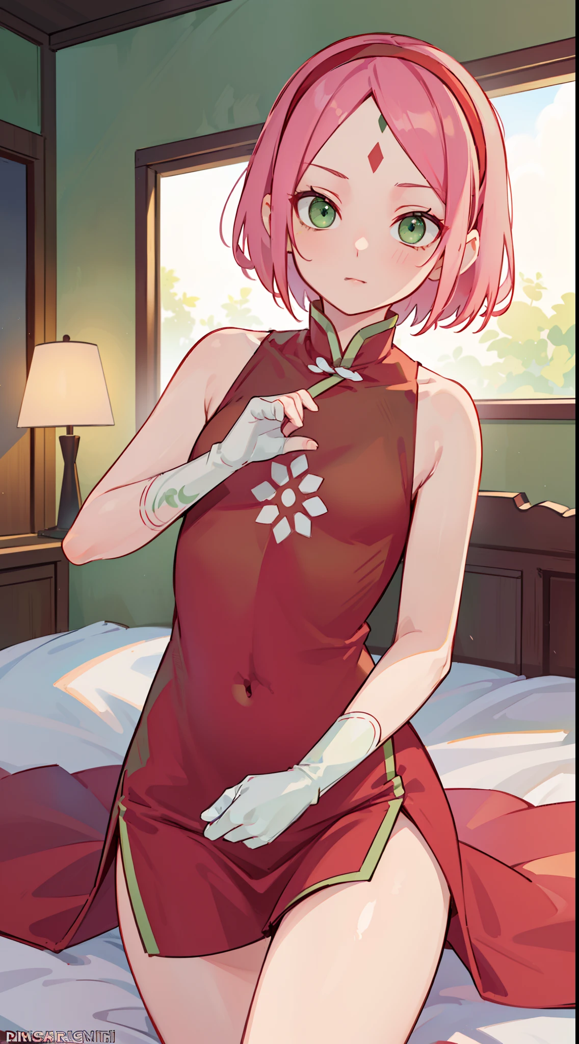 Sakura Haruno, Sakura Haruno, Off-the-shoulder attire，cleavage，Short hair, bangs, (Green eyes:1.5), Pink hair, shairband, face markings, (forehead mark:1.2), red hairband, (Small breast:1.2),
Break Chinese clothes, dress, (Red dress:1.3), Short skirt, Black shorts, mitts, Black gloves, Sleeveless,
BREAK looking at viewer,
Break indoors, Bed,
Break (Masterpiece:1.2), Best quality, high resolution, Unity 8k wallpaper, (illustration:0.8), (Beautiful detailed eyes:1.6), Extremely detailed face, Perfect lighting, Extremely detailed CG, (Perfect hands, Perfect anatomy),