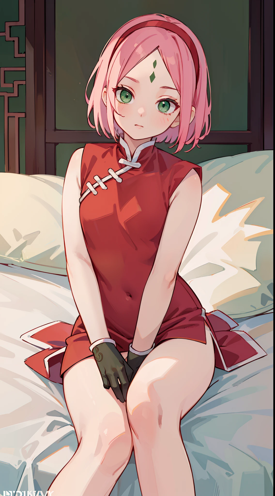 Sakura Haruno, Sakura Haruno, Off-the-shoulder attire,cleavage,Short hair, bangs, (Green eyes:1.5), Pink hair, shairband, face markings, (forehead mark:1.2), red hairband, (Small breast:1.2),
Break Chinese clothes, dress, (Red dress:1.3), Short skirt, Black shorts, mitts, Black gloves, Sleeveless,
BREAK looking at viewer,
Break indoors, Bed,
Break (Masterpiece:1.2), Best quality, high resolution, Unity 8k wallpaper, (illustration:0.8), (Beautiful detailed eyes:1.6), Extremely detailed face, Perfect lighting, Extremely detailed CG, (Perfect hands, Perfect anatomy),
