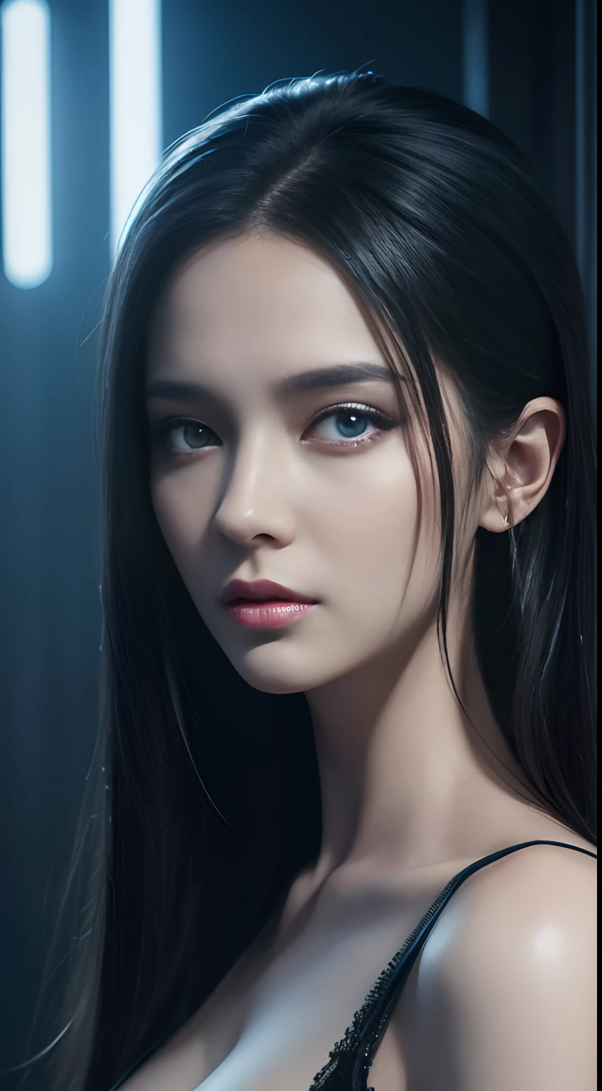 Close up portrait of woman in black and blue dress, 4K highly detailed digital art, 4k detailed digital art, realistic digital art 4k, realistic digital art 4 k, stunning digital illustration, portrait beautiful sci - fi girl, portrait of a sci - fi woman, Digital Artwork 4K, the cyberpunk girl portrait, beautiful cyberpunk girl face, epic portrait illustration