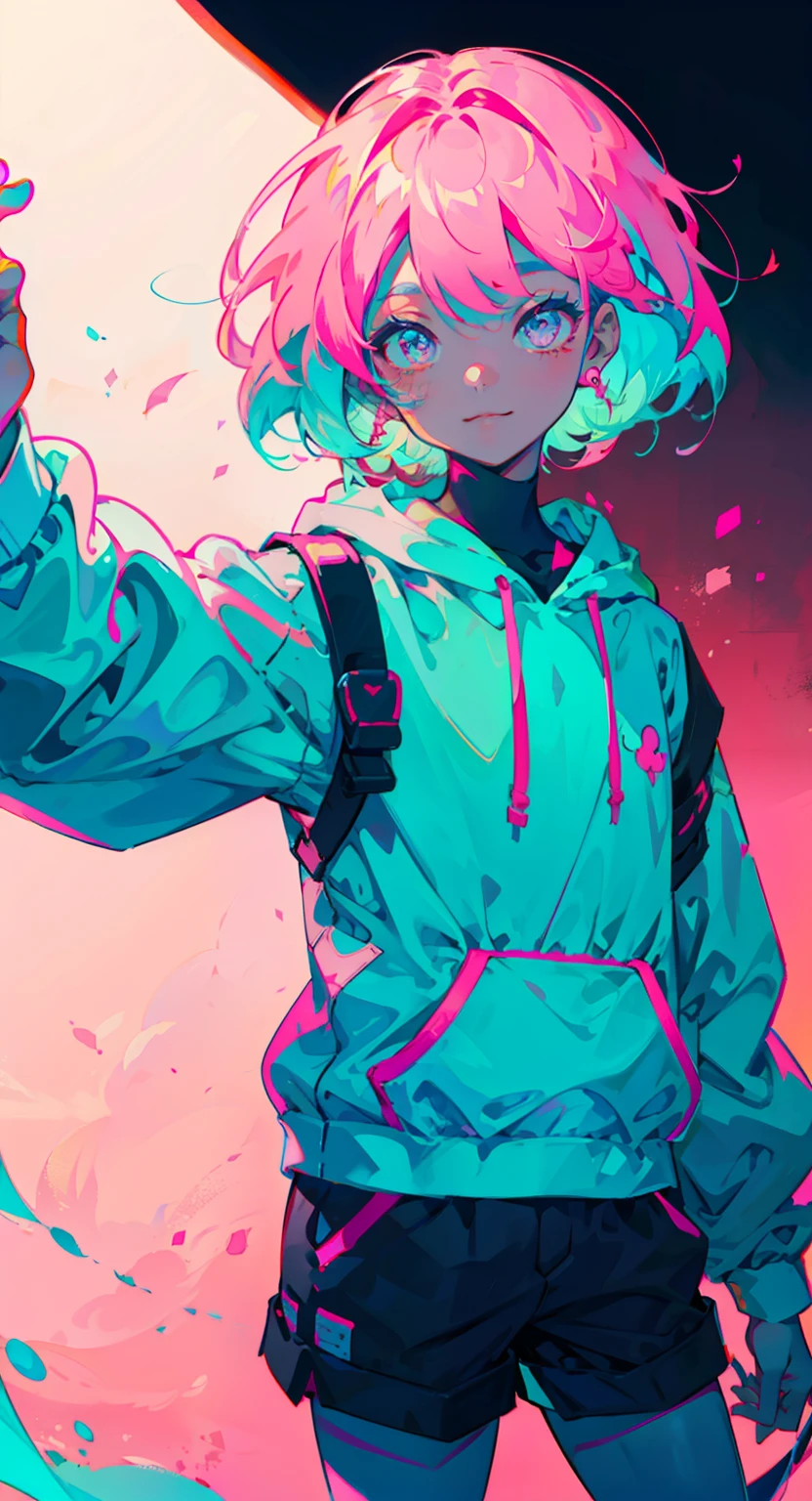 girl in pink long hair, cute, cool pose, selfie, masterpiece, highly detailed, best quality, sharp focus, soft lighting, limited color palette, pastel colors, cute, ((kawaii)), dark skin,
(Panchen: 1.3), smile, solo,
dark brown hoodie, blue shorts,
Pink eyes, (pink hair: 0.6), (blue hair: 0.8), (gradient hair: 0.6), short hair, Bratis