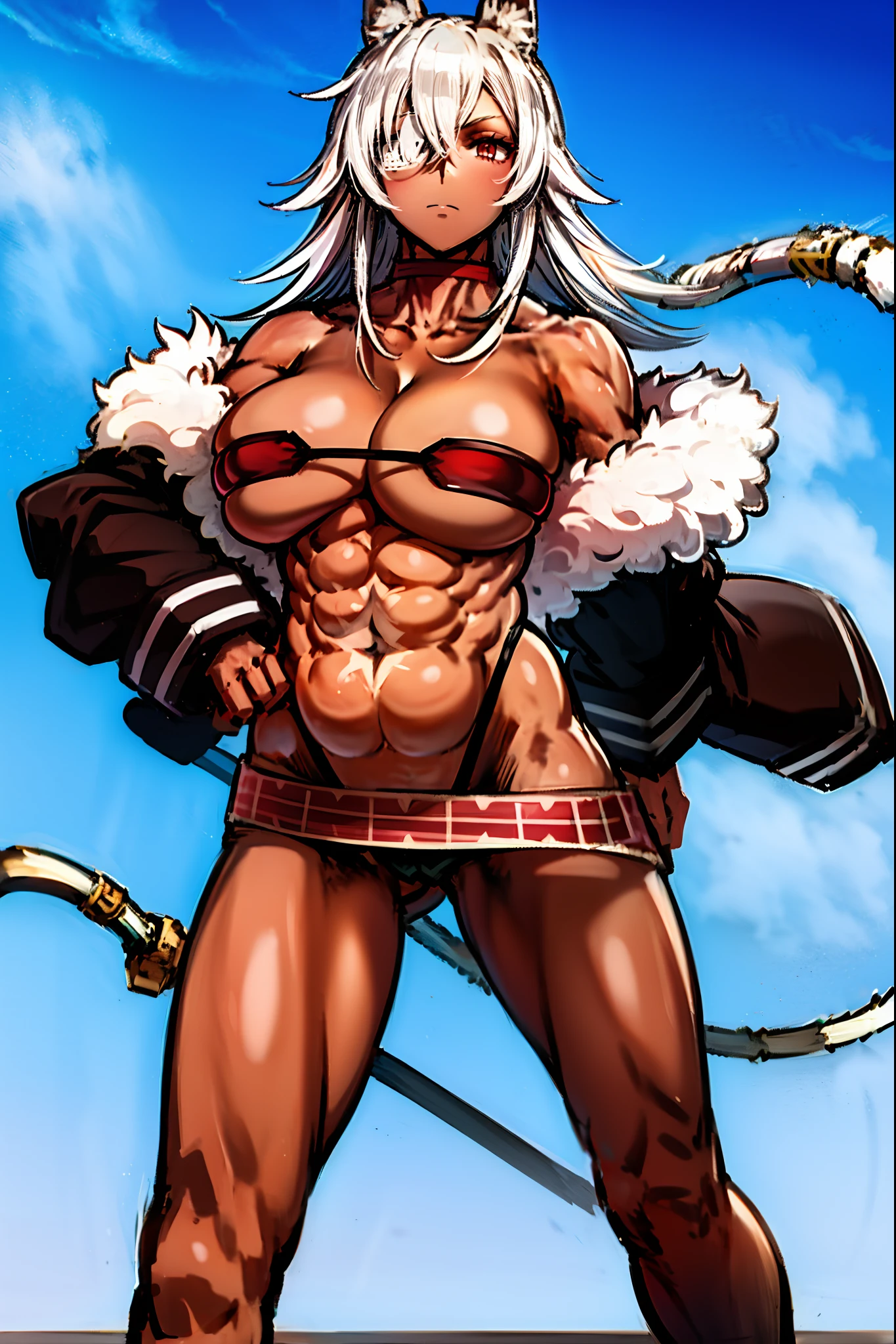 ghislaine dedoldia, animal ears, choker, fur trim, large breasts, abs, muscular woman, white hair, standing, saber holding, fulll body, boots smily
Preparing