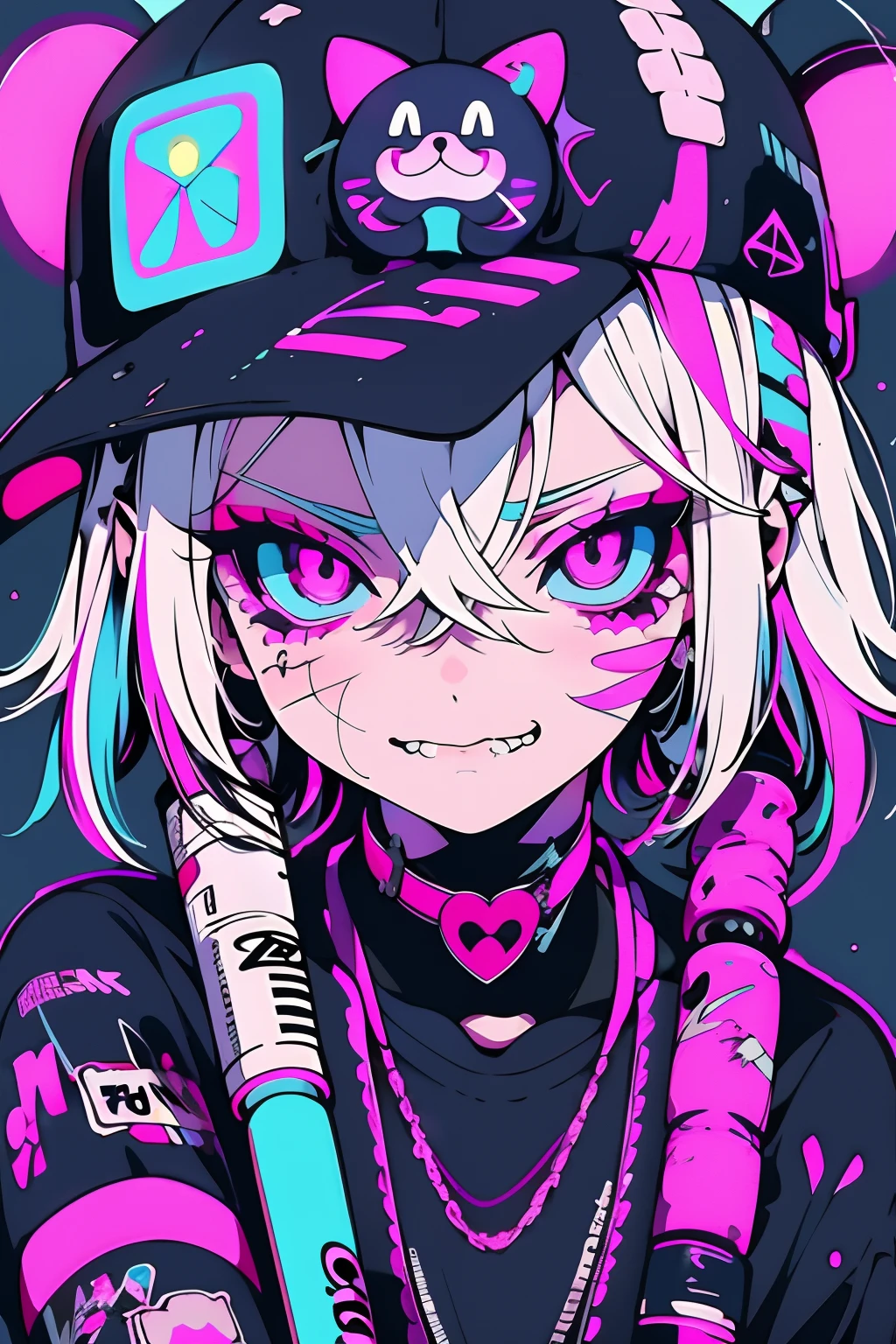 anime girl with a cap, white hair, street background in neon pink and blue colors, scars, stickers, smirk face, neon style of whole shot