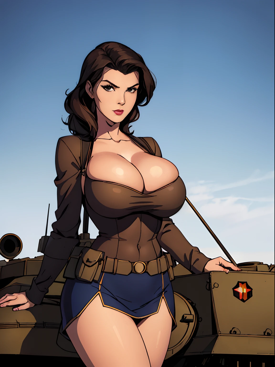 (masterpiece, top quality, best quality, official art, beautiful and aesthetic:1.2), (1girl:1.3), dark brown hair victory curls, vintage 1940's American hairstyle, extremely detailed, portrait, looking at viewer, solo, (full body:0.6), detailed background, close up, vintage makeup, retro style, (warm summer military base theme:1.1), busty human pinup girl, elegant face, long face, charlatan, smirk, mysterious, posing on top of a tank, patriotic costume, star spangled costume, high heels, legs, M4 Sherman tank, WWII tank, armored vehicle, ((((gigantic breasts, skindentation, cleavage)))), toned, slim waist, slim hips, long legs, muscular legs, historical (WW2 army base exterior:1.1) background, dark mysterious lighting, shadows, magical atmosphere, dutch angle