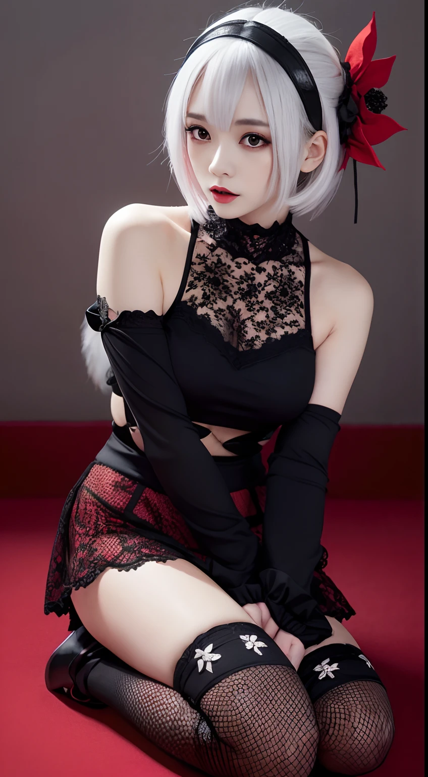 short-hair、Gothic ta in Japan、hotpants、Perforated Lace Knee Socks、head phone、Hold the sword、Red mesh with white hair、Black boots、Floral hair ornament