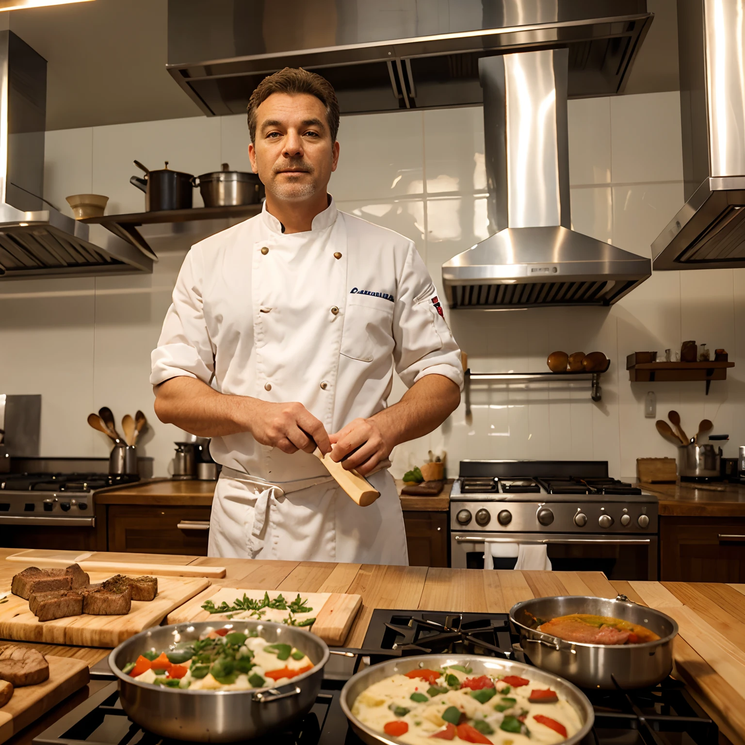 In a gigantic large kitchen where several chefs work in the French restaurant industry, A chef in his forties, Dressed in a white kitchen suit, standing straight in front of him and looking at the viewer of the image, Presents with these 2 arms a dish that represents the essence of cuisine from all over the world. The chef should be in the middle of the kitchen, Several other cooks are chopping vegetables and cooking steak in the background.