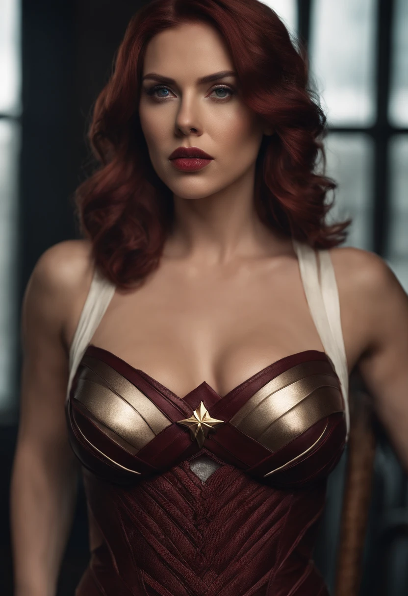 Scarlett Johansson, (bandage:1.3), (bdsm:1.1), beautiful body, beautiful breasts, shorts, burgundy hair, cosplay Wonder Woman, shot on dslr, detailed face, cinematography, maximum details, neutral colors, hdr, muted colors, soft cinematic light, insane details, intricate details, hyperdetailed, masterpiece, 8k, wallpaper, (detailed), high quality, ((high detailed skin, skin details)), sharp focus, 8k uhd, dslr, film grain