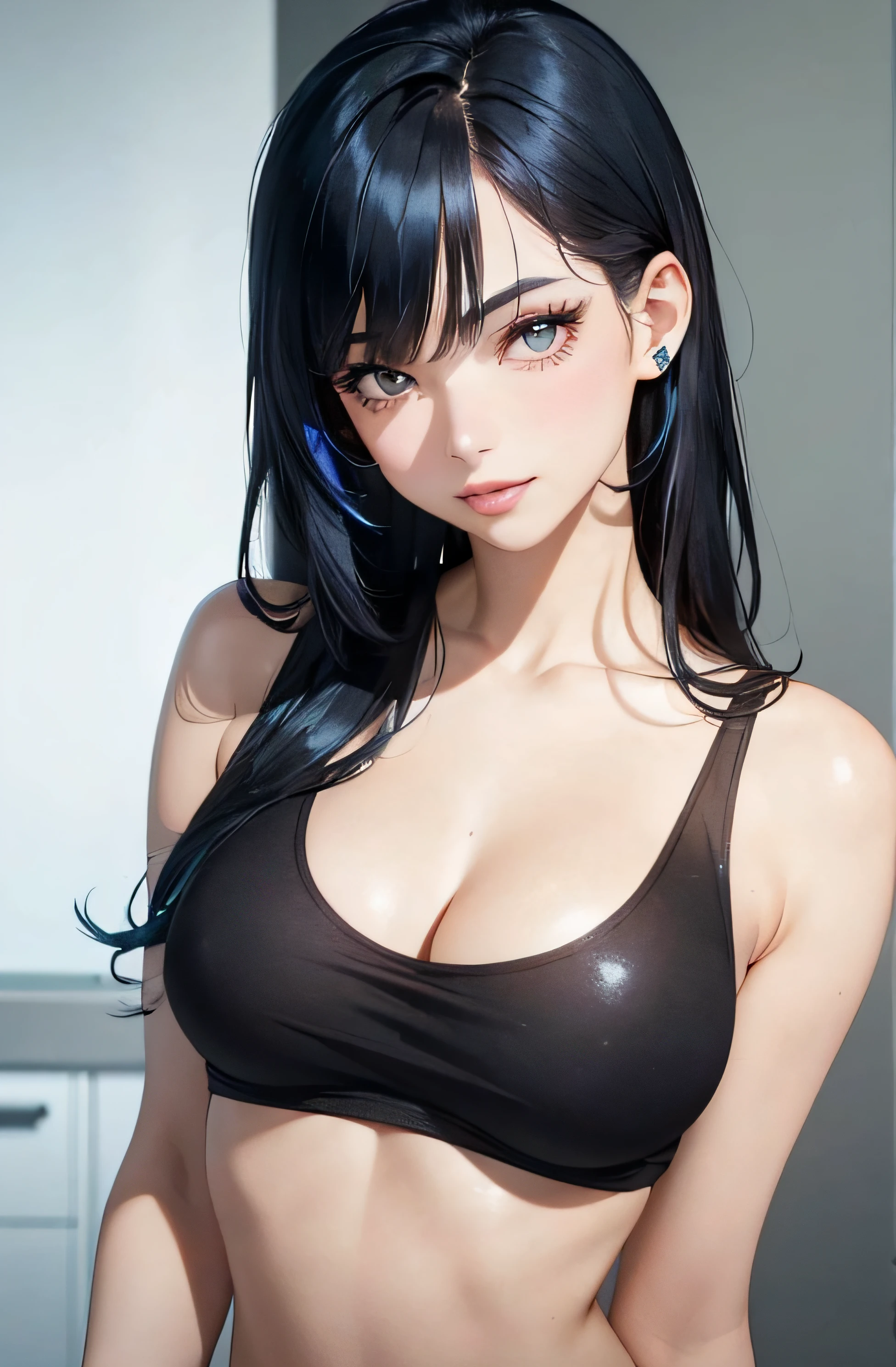 (A photo of upper body), Beautiful face, Highly detailed face and skin texture, (Detailed eyes), Brown eyes, Double eyelids, Thin eyebrows, Glitter eyeliner: 1.2, Natural cheeks, Shiny skin, Fair skin, (((transparent t-shirt))), (Shiny lips: 1. 4), (Seductive smile), (20 years old), (Wavy hair, Diagonal bangs), ((black and blue hair)), mid hair, ((Upper body shot)), ((Focus on chest and face)), Medium large breasts, Upturned breasts.