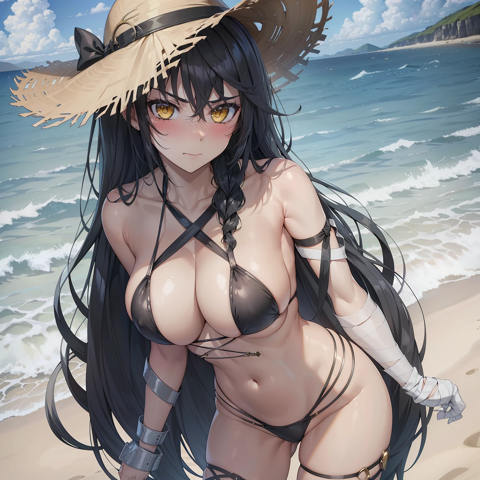 masterpiece, best quality, highres, black hair, yellow eyes, cowboy shot, standing, beach, Black micro bikini, embarrassed, blush, sexy pose,Left arm fully bandaged,