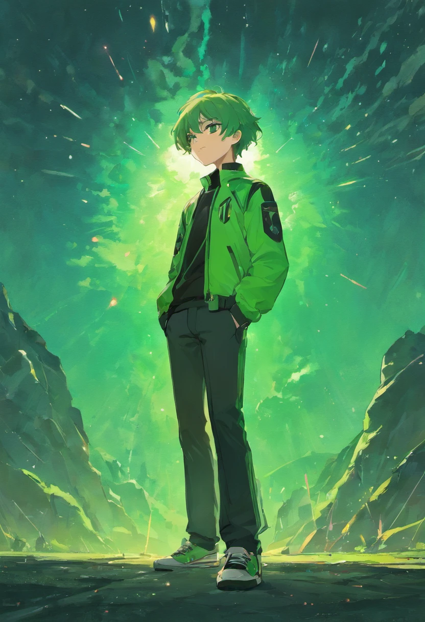 The man is standing coolly, he is wearing a green jacket, he is wearing black trousers, he is wearing white sneakers, he has short green hair, he has green eyes, he is wearing sunglasses, he is in the mountains, the sun behind the bright mountains, beautiful sky and clouds, very peaceful atmosphere, extremely detailed