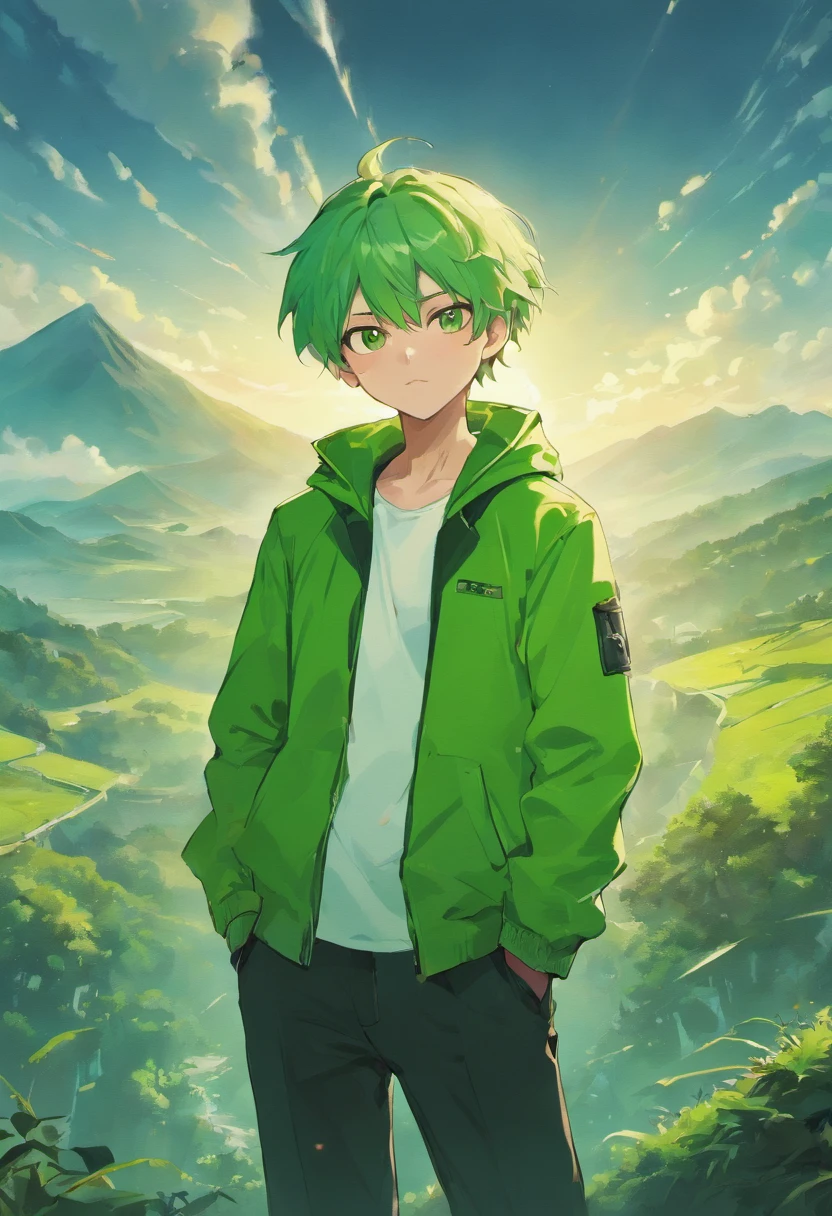 The man is standing coolly, he is wearing a green jacket, he is wearing black trousers, he is wearing white sneakers, he has short green hair, he has green eyes, he is wearing sunglasses, he is in the mountains, the sun behind the bright mountains, beautiful sky and clouds, very peaceful atmosphere, extremely detailed