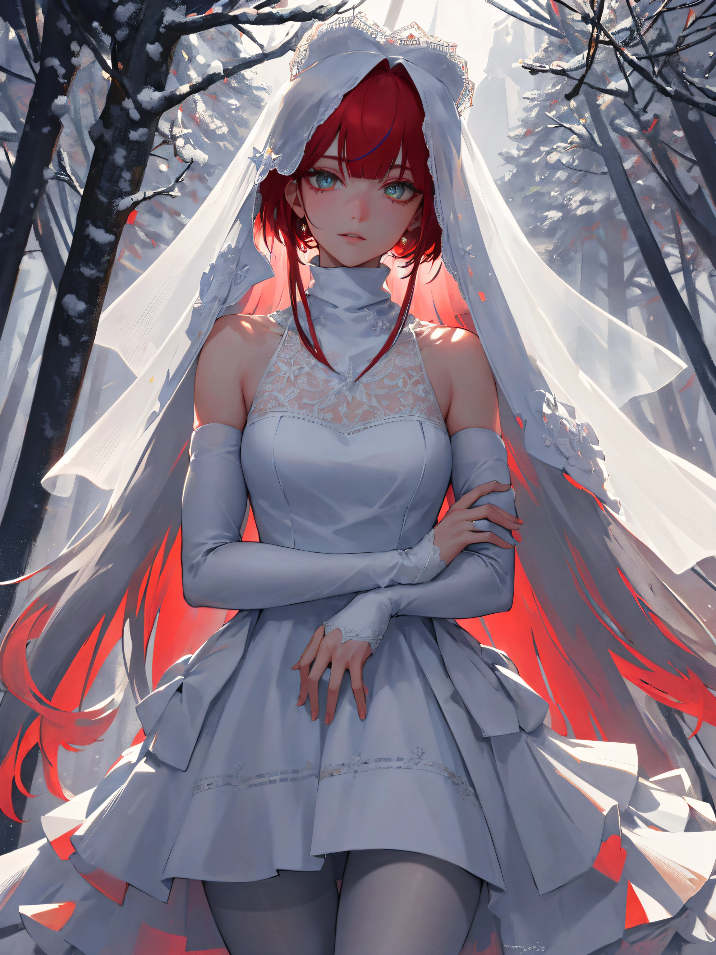 (masterpiece:1.2, best quality,top quality,epic quality,hrs,UHD,epic compositions), (detalhes intrincados),(((((arms behind back,)))))((flower bouquet,see-through sleeves,tilts your head,two side up,camera from top,upper shot,)) 1lady, solo,short hair,minimal makeup, tecidos naturais,innocent, cara travessa,((rich background,hail,towering trees,norwegian wood)),red streaked white hair,{short hair|side bangs|disheveled hair|hair intake|Long side bangs|Undercut},claros, franja, franja na testa,crimson pupils,saia plissada,busty, face madura, detailed face, ((snowy turtleneck wedding dress trim fur,thighband pantyhose,))correct anatomy of the foot,soaked,soft lighting,good lighting,ray tracing,dynamic lighting,god lighting,god ray, cinematic lighting,unbelievable Ridiculous,)),((extremely_Detailed_Eyes_and_face)),(Beautiful and aesthetic: 1.2),Brilliant,unbelievable Ridiculous,)),((extremely_Detailed_Eyes_and_face)),(Beautiful and aesthetic: 1.2),Brilliant，Ultra-precise depiction, Ultra-detailed depiction,Bokeh (85mm Shot)，(((Delicate fingers and hands:0.55))::0.85))),(Detail fingers),(dynamic pose),disheveled hair