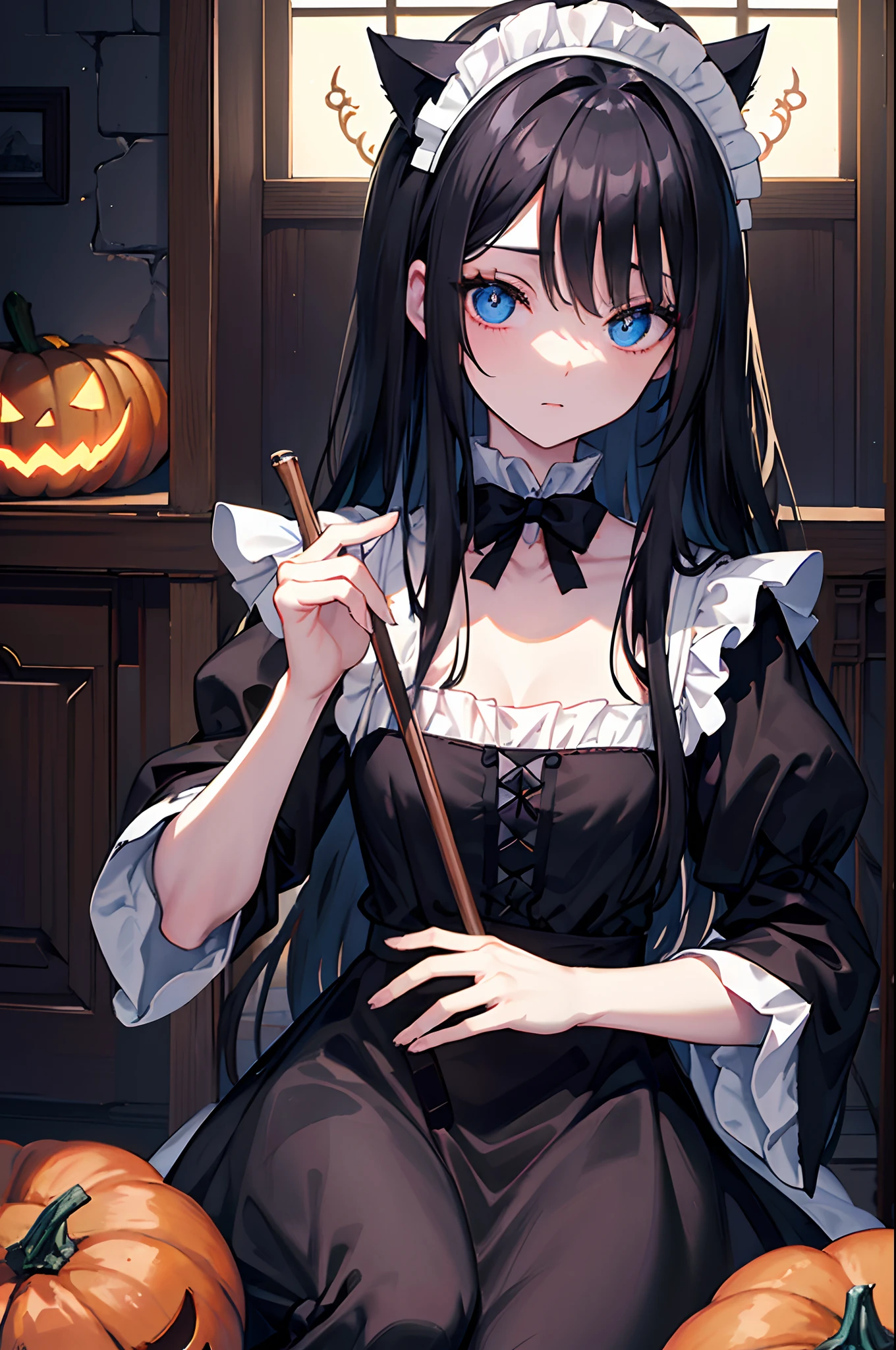 Black long hair　blue eyess　maid clothes　Holding a cat　Castles　pumpkins　Halloween　​masterpiece　Top image quality　Clear Parts Cinematic Shadows　Increased attractiveness of the eyes　Clear the shine of the eyes　Draw eyelashes neatly　Perfect Eye　A detailed eye　Sharpen image quality　Sharpen eye writing　Clear eye shape