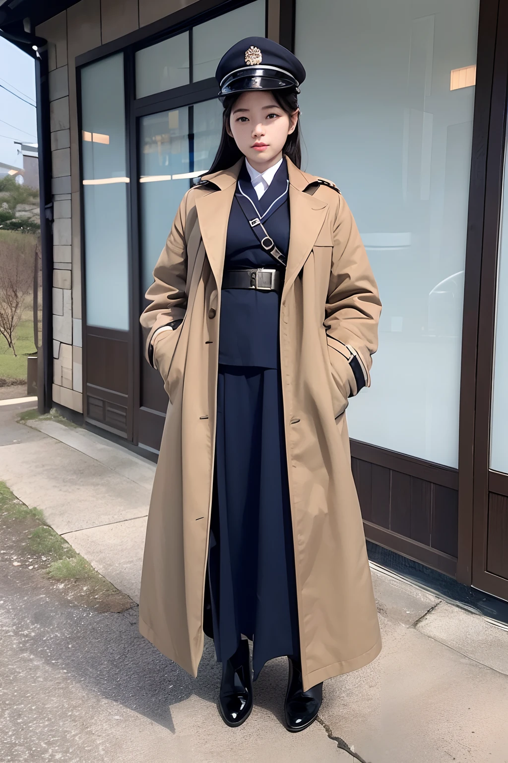 Beautiful 36-year-old female independence soldier in South Korea in the 1940s,The long coat of the secret scene of the movie,Ultra 8K,A pistol in one hand,