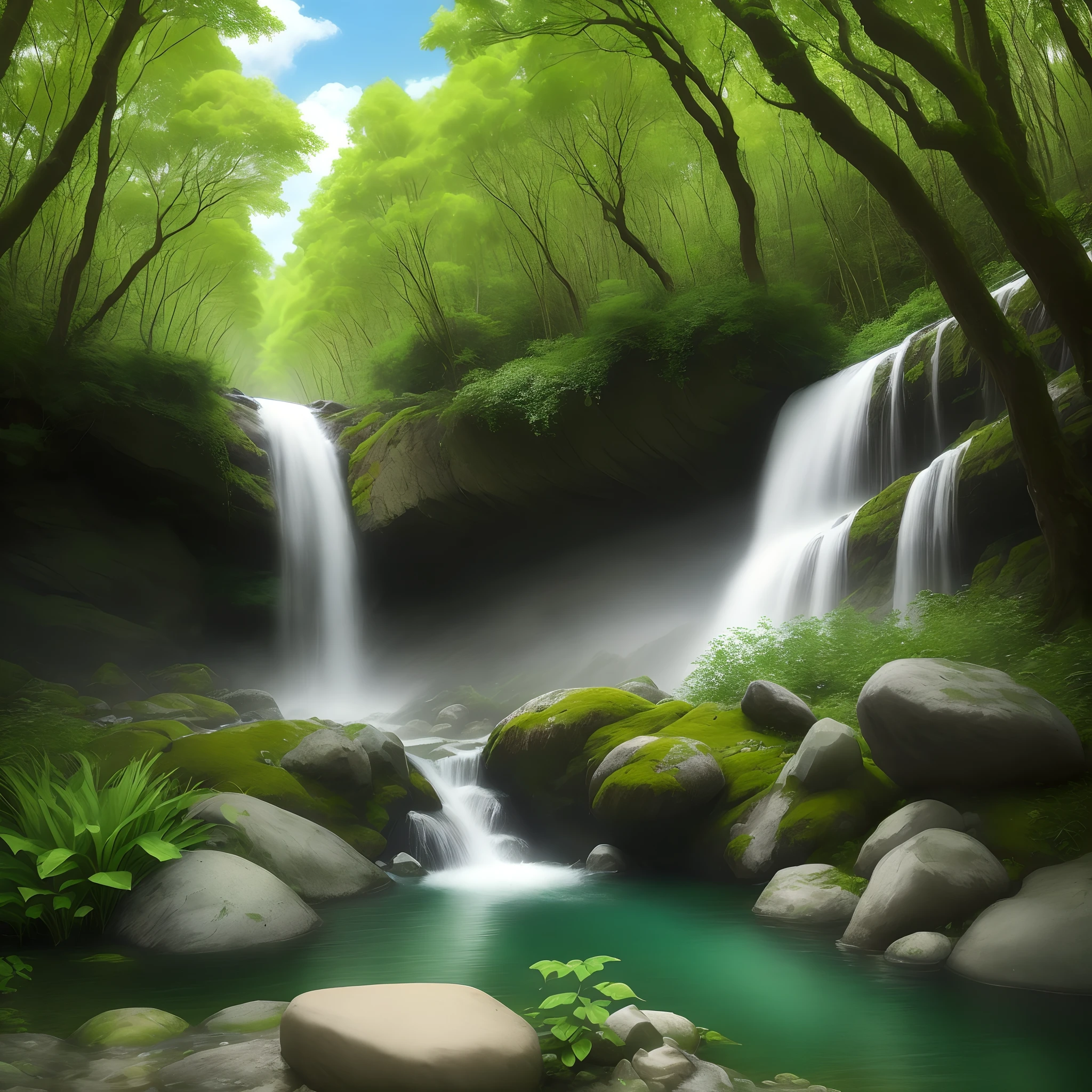 Uma floresta verde, A strong and healthy green
There is a waterfall with a shallow water river,
In this river there are stones
The water is blue and crystal clear, very beautiful and brings a feeling of purity
It is a sunny day with few clouds that leaves the environment very bright and colorful
And there are several types of plants of various colors in the forest, The grass is short