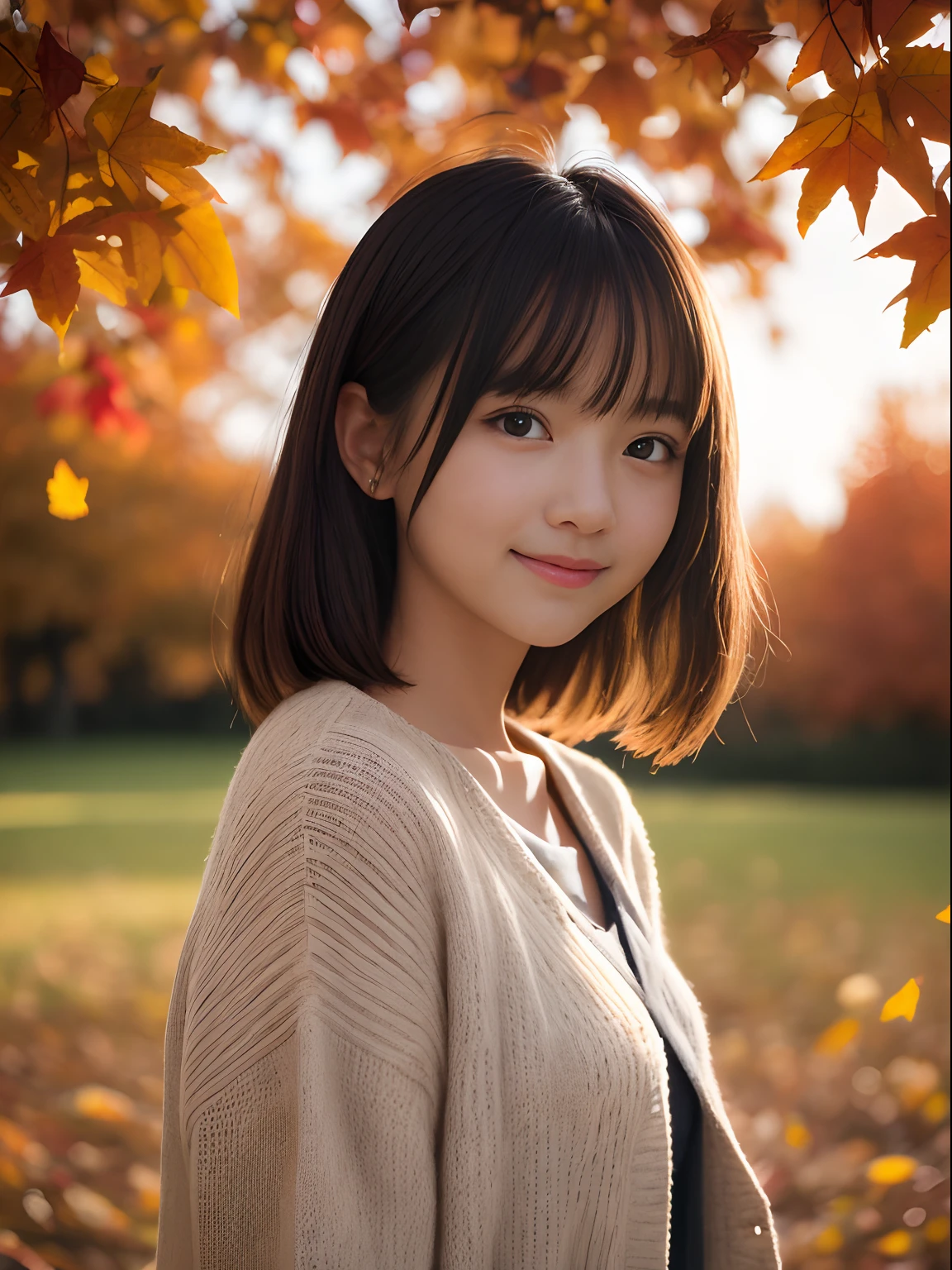 masutepiece, Best Quality, 8K, 10yaers old, Teen, Raw photo, absurderes, award winning portrait, Smile, Solo, Idol face, Delicate girl, Upper body, Digital SLR, Looking at Viewer, Candid, Sophisticated, Thin arms, Professional Lighting, Film grain, chromatic abberation, (Eyes and faces with detailed:1.0), (Bokeh:1.1) , (autumn leaves in background、The silhouette is beautiful with the reflection of the glittering backlight sunlight:1.2) , closes mouth , Sailor Uniform , Yarn sweater、cardigan、A dark-haired , tiny chest、(a beauty girl:1.2)、(Super Cute:1.2)