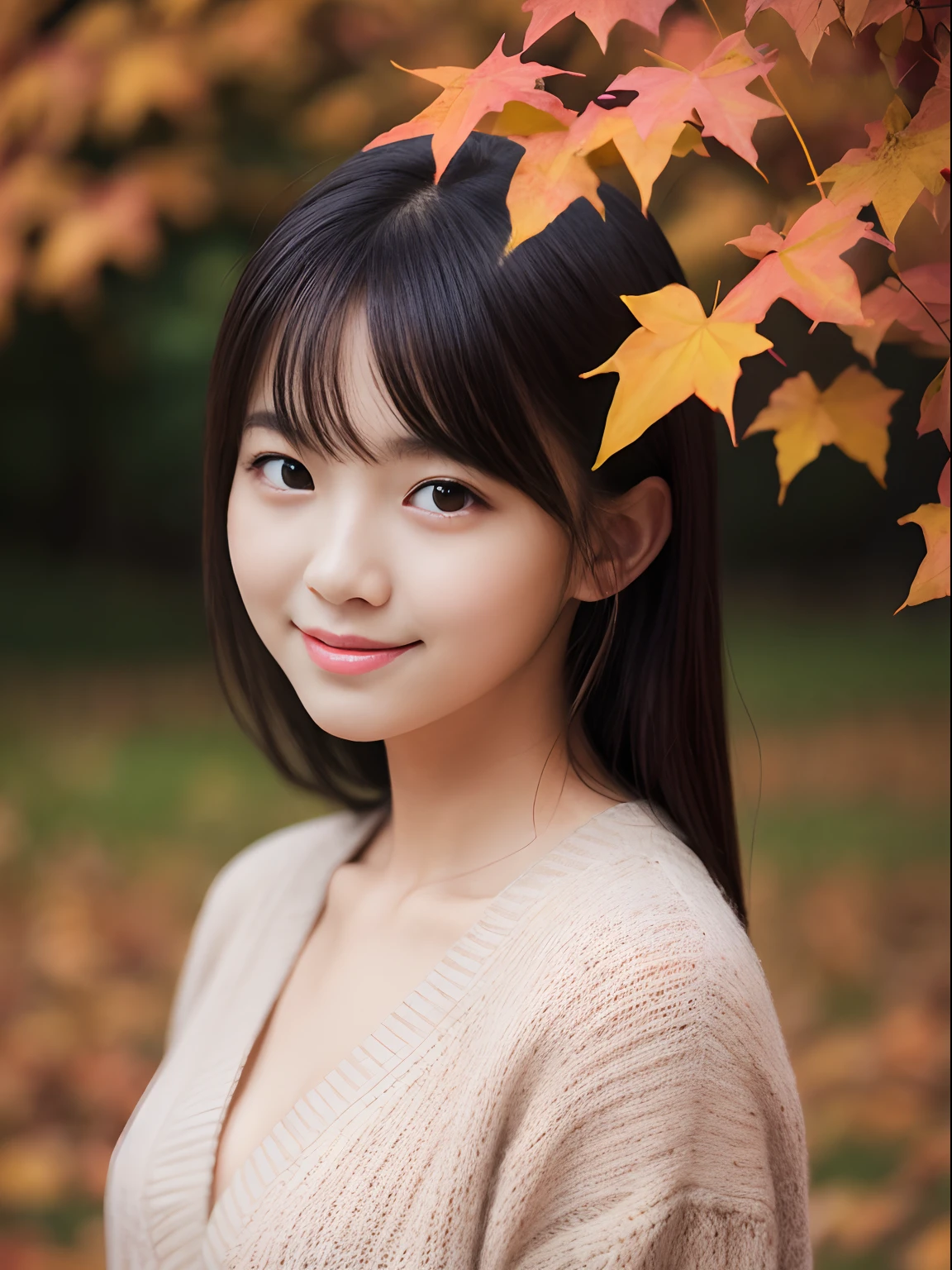 masutepiece, Best Quality, 8K, 10yaers old, Teen, Raw photo, absurderes, award winning portrait, Smile, Solo, Idol face, Delicate girl, Upper body, Digital SLR, Looking at Viewer, Candid, Sophisticated, Thin arms, Professional Lighting, Film grain, chromatic abberation, (Eyes and faces with detailed:1.0), (Bokeh:1.1) , (autumn leaves in background、The silhouette is beautiful with the reflection of the glittering backlight sunlight:1.２) , closes mouth , Sailor Uniform , Yarn sweater、cardigan、A dark-haired , tiny chest、(a beauty girl:1.2)、(Super Cute:1.2)