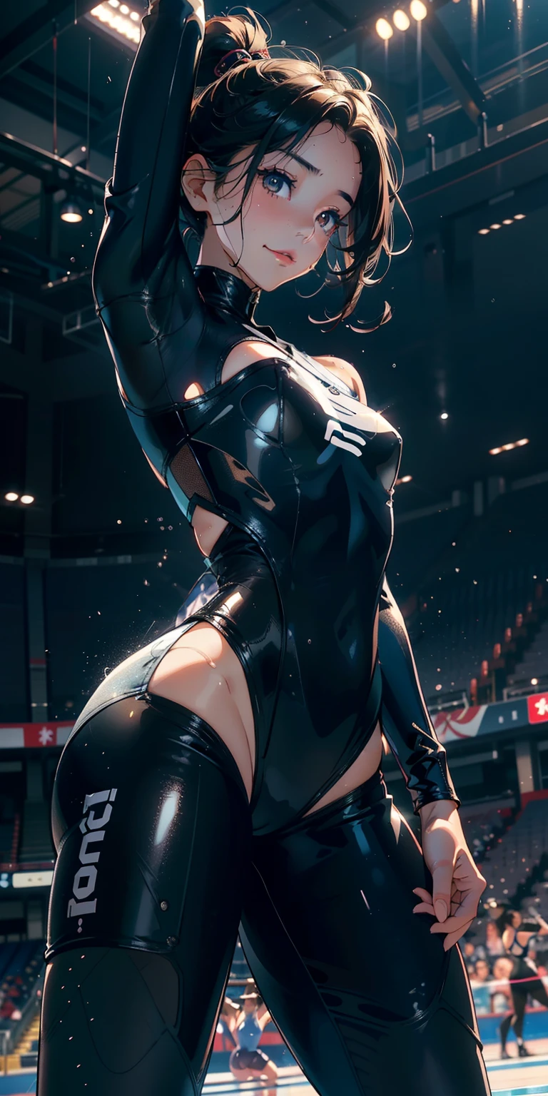 -yeld gi 独奏, Wearing a bodysuit with tight-fitting transparent tights、With a thin fabric that emphasizes smiling buttocks、Super close-up looking up from below、gymnast、​masterpiece, top-quality, realisitic, ultra-detailliert, (shinny skin, Sweating: 1.4), Versatile sexy poses、short dark hair, Brown-eyed, slender, dynamic light and shadow, hight resolution, foco nítido, depth of fields, Narrow-eyed, Sharp pupils, Realistic pupils, (breasts are small: 1.6), (Thigh thickness: 1.0),Gymnastics Stadium