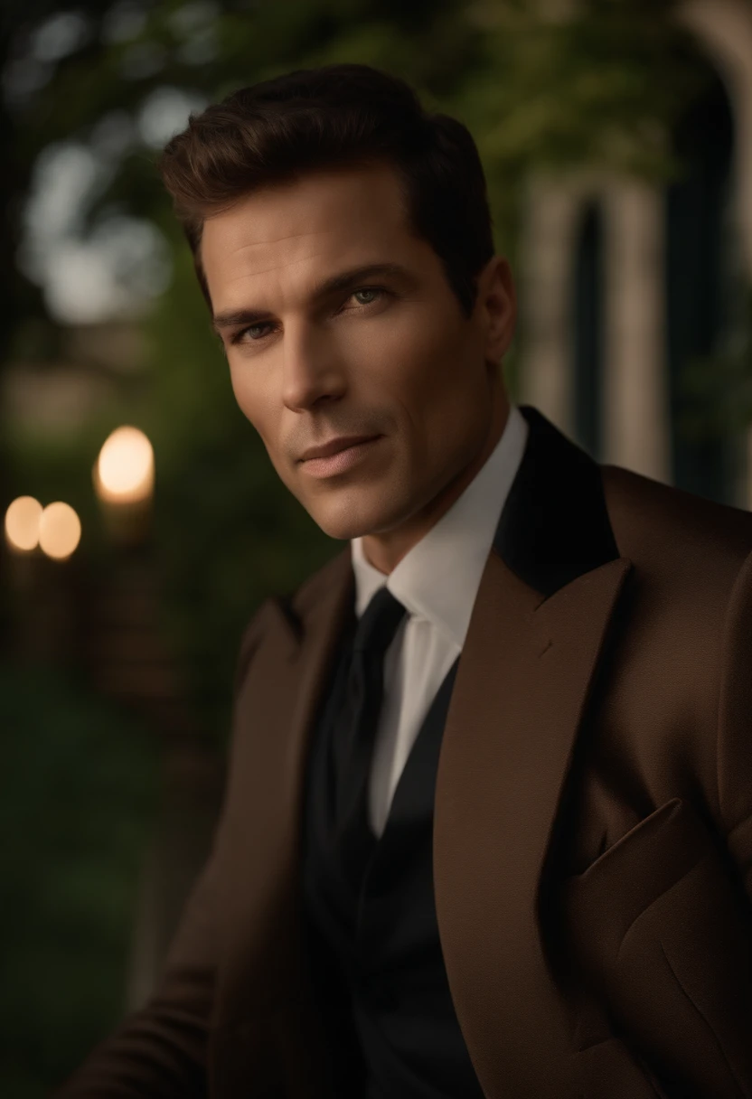 corps entier, wide-angle photo close-up portrait of the body of a handsome man , Grand et en forme, (40 ans:1.1), (shaven:1.2) , (very short brown hair:1.5),(very short hair:1.6). Dark brown tight velvet suit, (La veste a des motifs de fleurs noires:1.2). (posing outside the mansion with a luxury car:1.1), crowded street with cafes in the distance, Cold and dark sunset at dusk, (Edge Light:1.1), (hard light on the skin:1.2), (ombres dures, dark themed, Contraste profond:1.1), (photographie de portrait par Annie Liebovitz), Dark mint theme and choral aesthetics, (skin imperfections), British, dark hair, old money esthetic, 30 years old, really handsome, prince