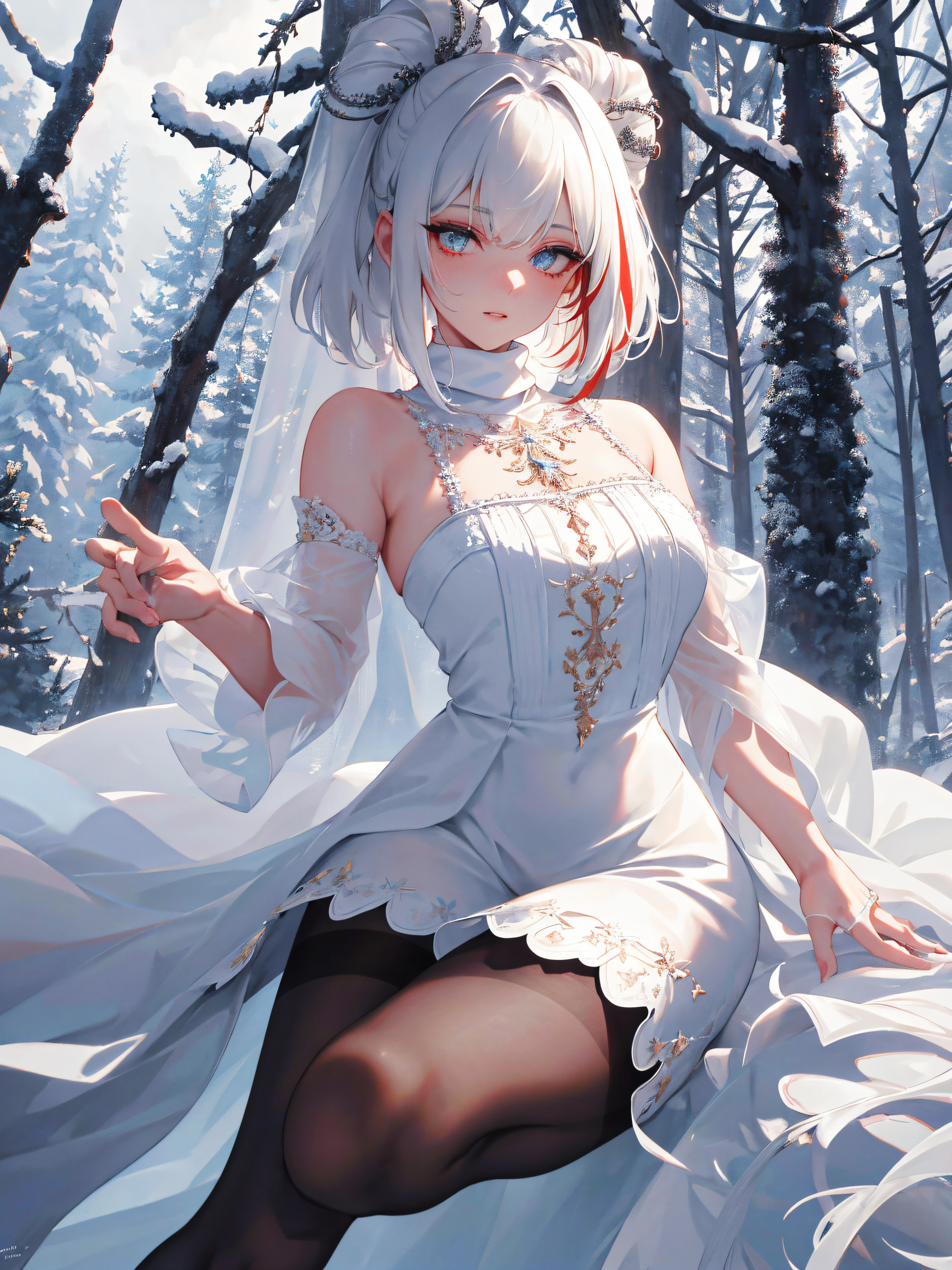 (masterpiece:1.2, best quality,top quality,epic quality,hrs,UHD,epic compositions), (detalhes intrincados),((hands in the 梅花,flower bouquet,see-through sleeves,tilts your head,two side up,camera from top,upper shot,)) 1lady, solo,short hair,minimal makeup, tecidos naturais,innocent, cara travessa,((rich background,hail,towering trees,norwegian wood)),red streaked white hair,{short hair|side bangs|disheveled hair|hair intake|Long side bangs|Undercut},claros, franja, franja na testa,crimson pupils,saia plissada,busty, face madura, detailed face, ((snowy turtleneck wedding dress trim fur,thighband pantyhose,))correct anatomy of the foot,soaked,soft lighting,good lighting,ray tracing,dynamic lighting,god lighting,god ray, cinematic lighting,unbelievable Ridiculous,)),((extremely_Detailed_Eyes_and_face)),(Beautiful and aesthetic: 1.2),Brilliant,unbelievable Ridiculous,)),((extremely_Detailed_Eyes_and_face)),(Beautiful and aesthetic: 1.2),Brilliant,Ultra-precise depiction, Ultra-detailed depiction,Bokeh (85mm Shot),(((Delicate fingers and hands:0.55))::0.85))),(Detail fingers),(dynamic pose),disheveled hair