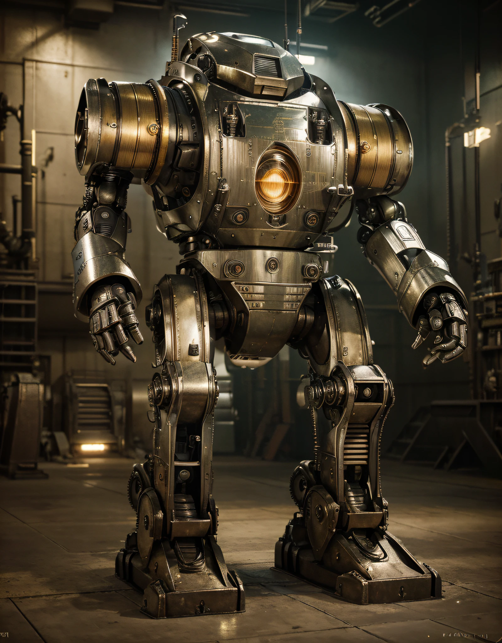 heavy robot Art Deco style metal color, realistic metallic texture, has machine guns instead of hands, they are in an ultra modern factory, pipes, and machinery, ultra realistic, Ultra detailed, Hyper realistic, 4k, Ultra detailed image, realistic, Highly detailed, perfect composition, beautiful intricately detailed incredibly detailed, 8K fine art photography, hyper detailed, Masterpiece