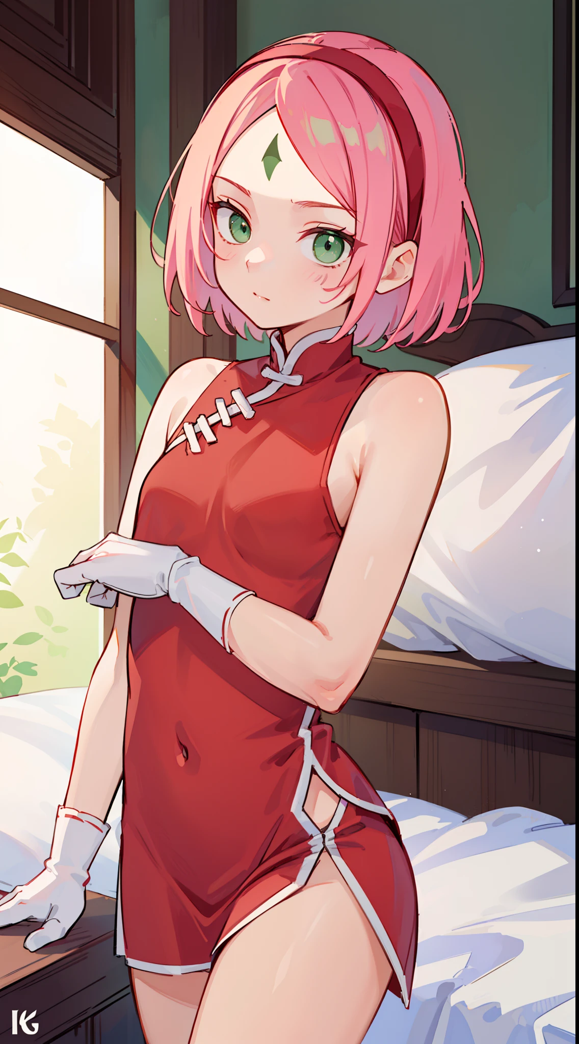 Sakura Haruno, Sakura Haruno, Off-the-shoulder attire,cleavage,Short hair, bangs, (Green eyes:1.5), Pink hair, shairband, face markings, (forehead mark:1.2), red hairband, (Small breast:1.2),
Break Chinese clothes, dress, (Red dress:1.3), Short skirt, Black shorts, mitts, Black gloves, Sleeveless,
BREAK looking at viewer,
Break indoors, Bed,
Break (Masterpiece:1.2), Best quality, high resolution, Unity 8k wallpaper, (illustration:0.8), (Beautiful detailed eyes:1.6), Extremely detailed face, Perfect lighting, Extremely detailed CG, (Perfect hands, Perfect anatomy),