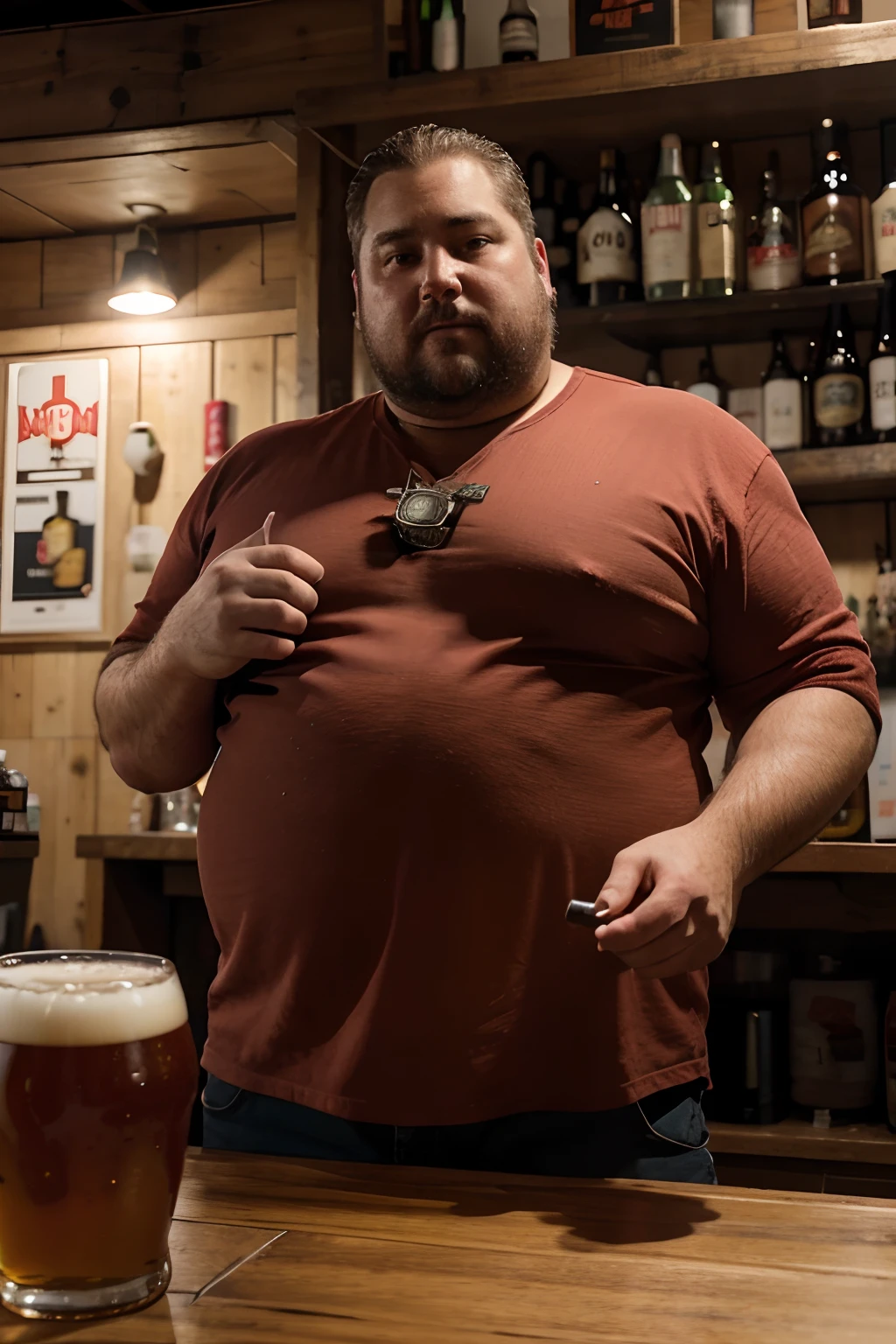 description: Make a Man with Obesity Features: Este homem deve estar usando roupas vermelhas. scenecy: It should be inside an Action bar: He's drinking quality beer: Foto ultra realista, qualidade 8k, fullHD