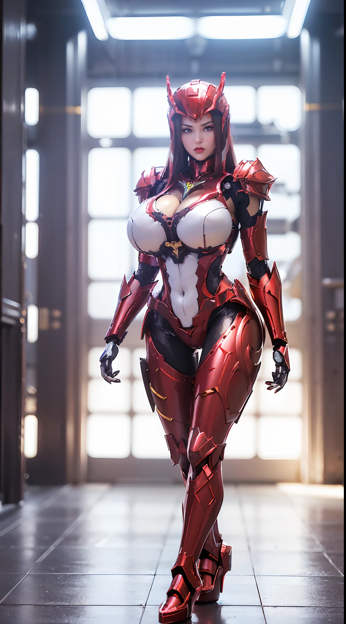 A WOMAN, BEAUTIFULL FACE, (RED EYES PUPIL), (SEXY RED LIBS), (BEAUTY MAKEUP), (SHINY BODYSKIN). (NSFW HUGE BOOBS), (WHITE SKINTIGHT MECHA ARMOR FULL SUIT:1.1), (CLEAVAGE), TRANSPARANT, TALL LEGS, STANDING, SEXY BODY, MUSCLE ABS.