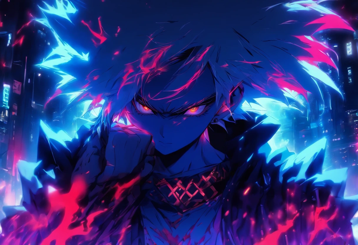 Cidade de noite em neon, White-haired boy with blood red coloring sharp eyes, moletom branco com capuz. Obra de arte, melhor qualidade. Amazing lighting. sozinho, luz do luar