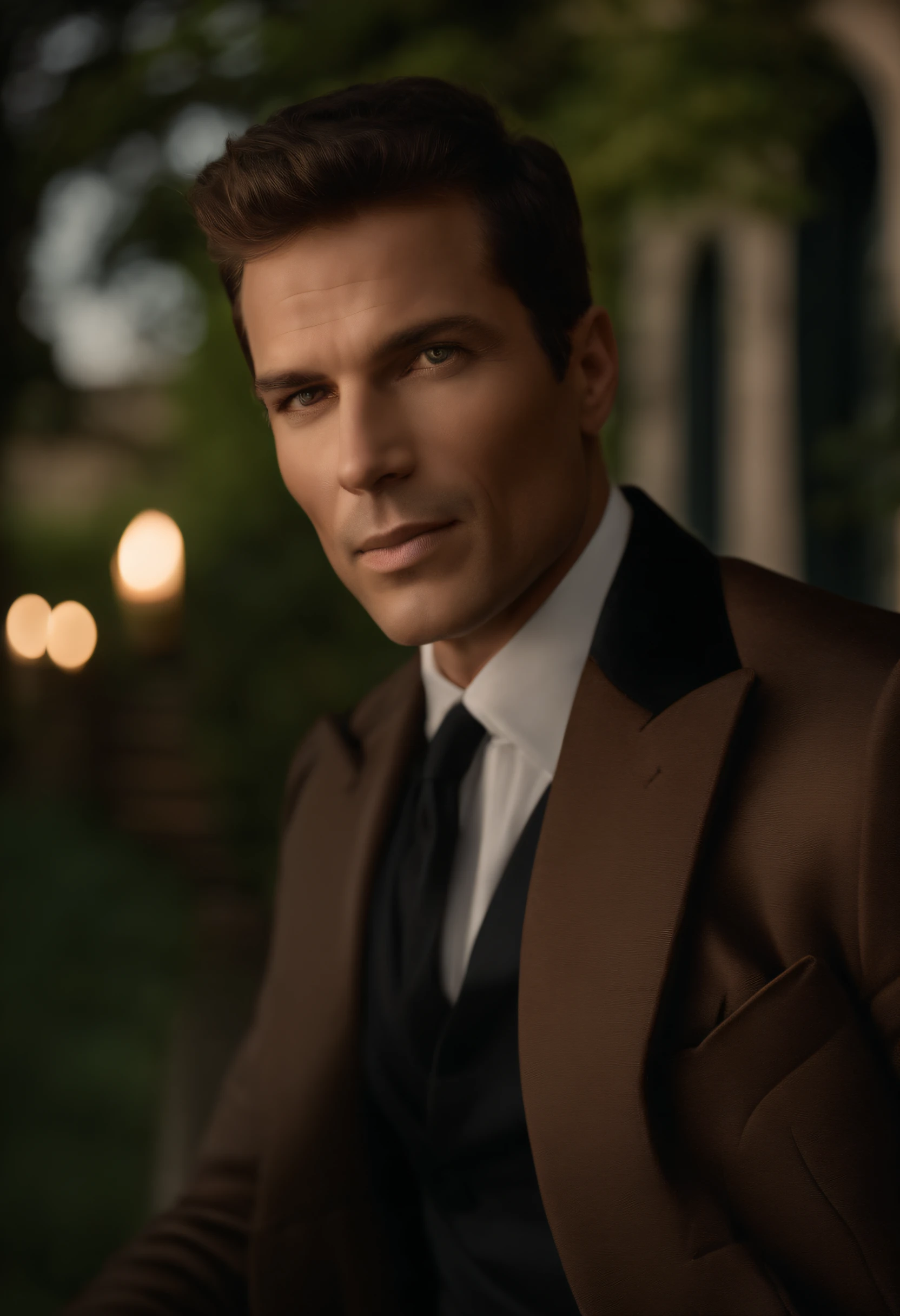 corps entier, wide-angle photo close-up portrait of the body of a handsome man , Grand et en forme, (40 ans:1.1), (shaven:1.2) , (very short brown hair:1.5),(very short hair:1.6). Dark brown tight velvet suit, (La veste a des motifs de fleurs noires:1.2). (posing outside the mansion with a luxury car:1.1), crowded street with cafes in the distance, Cold and dark sunset at dusk, (Edge Light:1.1), (hard light on the skin:1.2), (ombres dures, dark themed, Contraste profond:1.1), (photographie de portrait par Annie Liebovitz), Dark mint theme and choral aesthetics, (skin imperfections), British, dark hair, old money esthetic, 30 years old, really handsome, prince